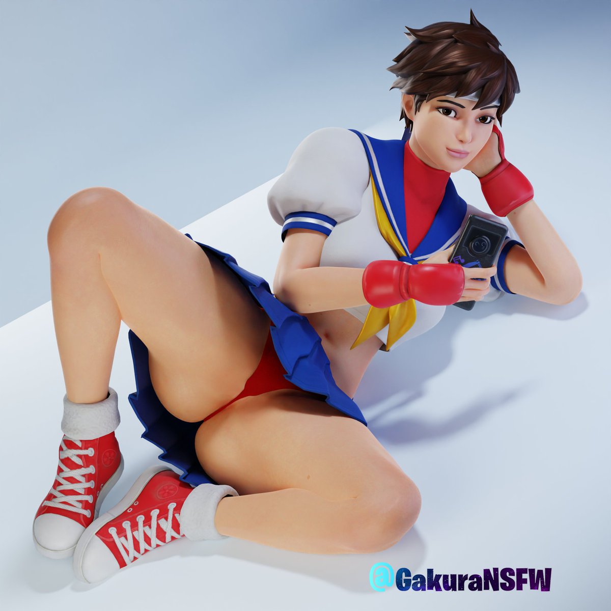 3d ass blender brown_eyes brown_hair fortnite fortnite:_battle_royale gakuransfw holding_phone legs_apart looking_at_viewer pleated_skirt sailor_collar sakura_kasugano short_hair smartphone spread_legs street_fighter thick_thighs