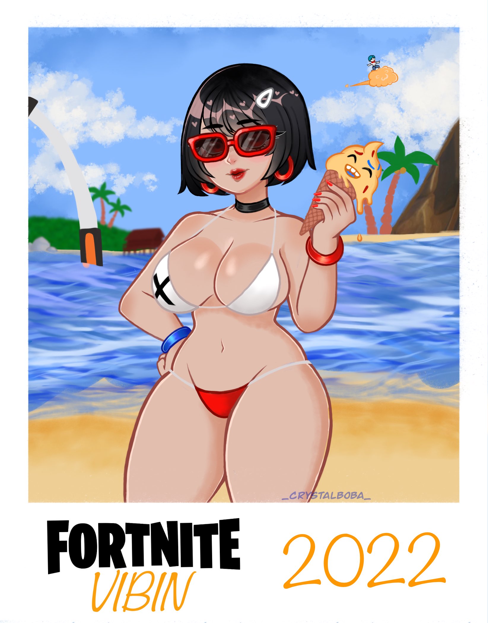 2girls, big breasts, bikini, breasts, bulma briefs, cleavage, crystalboba, dark hair, dragon ball, earrings, evie (fortnite), female, fortnite, fortnite: battle royale, glasses, heart, hoop earrings, ice cream, lipstick, multiple females, multiple girls, red lipstick, sunglasses, tagme, tinted eyewear