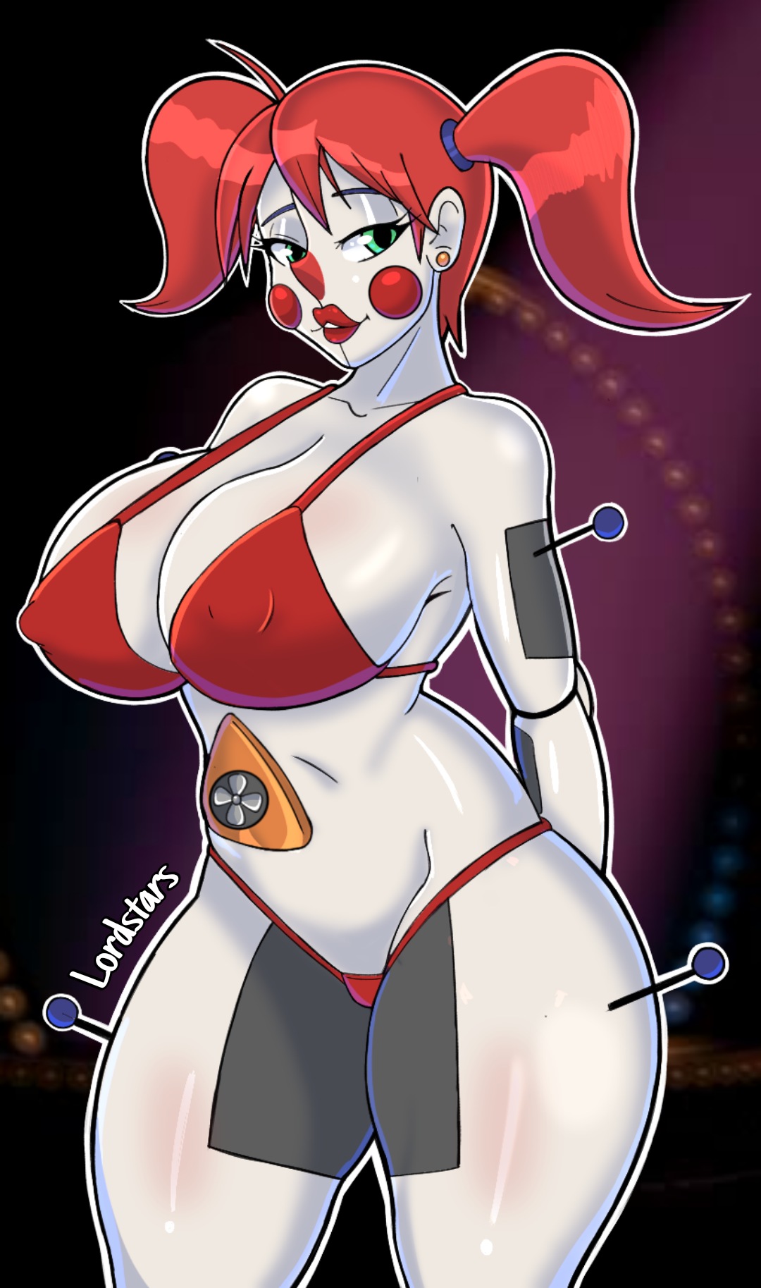 1girls, animatronic, ass, baby (fnafsl), big ass, big breasts, big thighs, bikini, breasts, circus baby, circus baby (fnaf), erect nipples, erect nipples under bikini, erect nipples under clothes, female, female only, five nights at freddy's, five nights at freddy's: sister location, five nights in anime, fnaf, giant breasts, lordstars, nipples, red bikini, red bra, red hair, red lips, robot, robot girl, solo, thong, thunder thighs