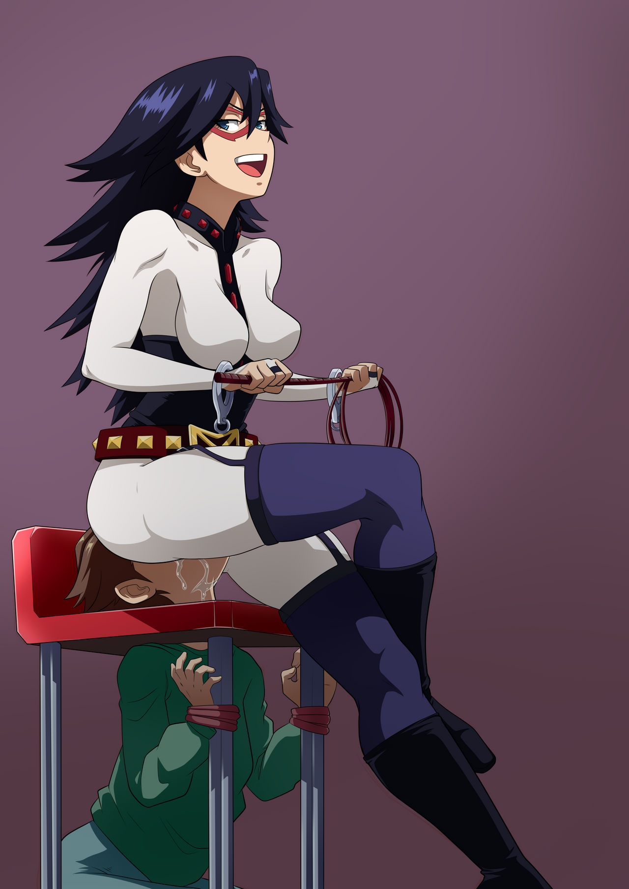 ass_on_face belt big_ass boots confettish custom_seat dark-blue_hair facesitting facesitting_custom_seat femdom fetish latex midnight_(my_hero_academia) my_hero_academia nemuri_kayama open_mouth smooth_skin smothering stockings the_dark_mangaka voluptuous