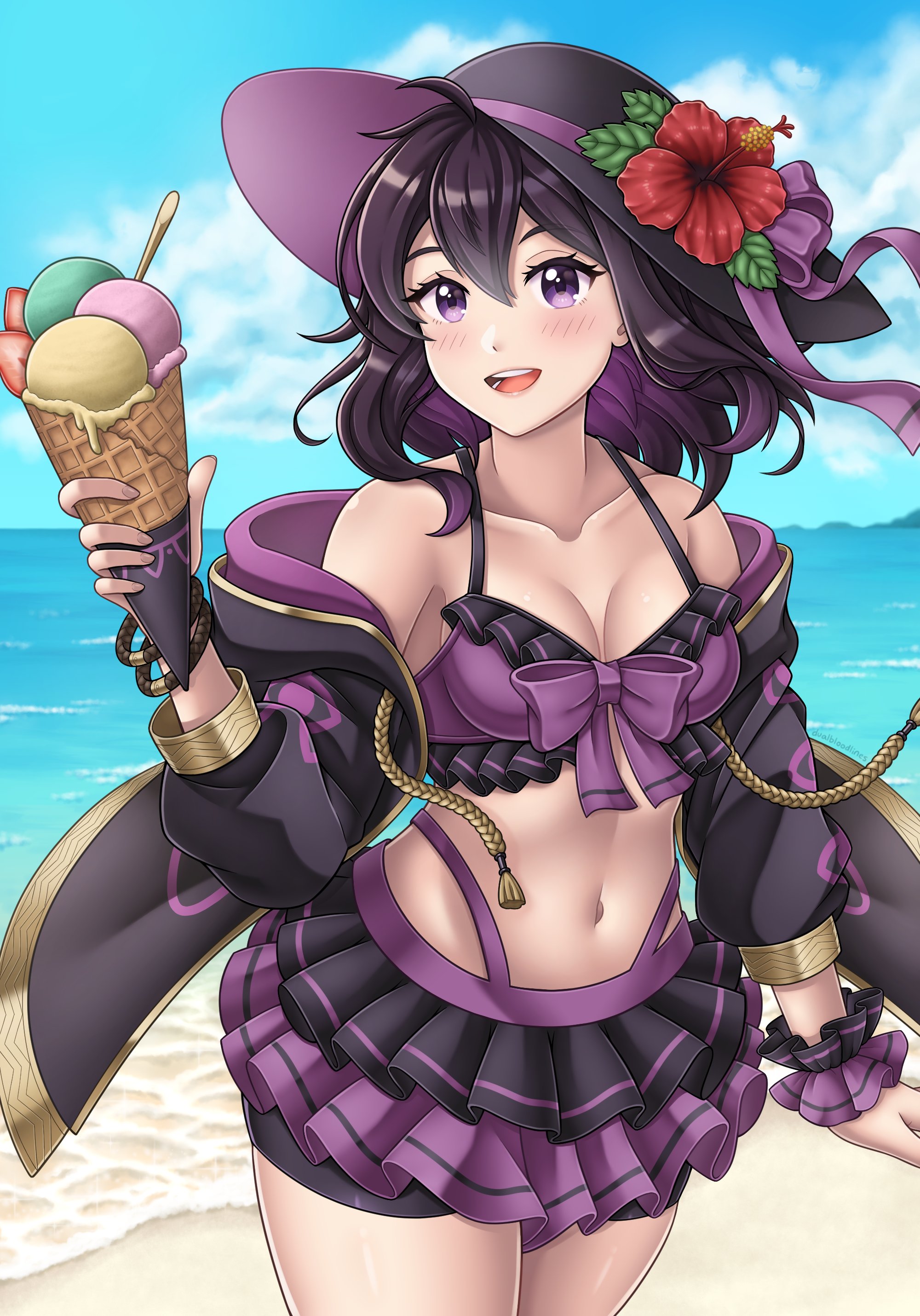 1girls, alternate costume, beach, bikini, bikini skirt, black bikini, black fur, black swimsuit, breasts, cleavage, female, female only, fire emblem, fire emblem awakening, food, frilled bikini, hat, ice cream, looking at viewer, medium breasts, morgan (fire emblem), morgan (fire emblem) (female), multicolored bikini, multicolored hair, nao (dualbloodlines), nintendo, ocean, outdoors, purple bikini, purple eyes, purple hair, purple swimsuit, smile, solo, sun hat, swimsuit, two-tone bikini