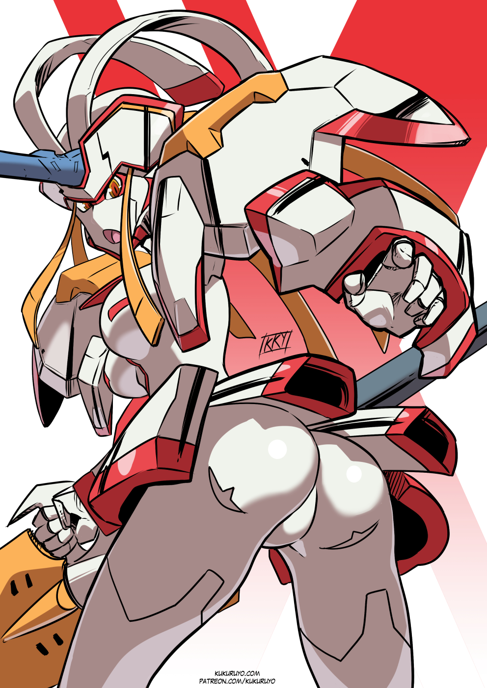 1girls ass ass_up boobs breasts butt darling_in_the_franxx female female_only kukuruyo medium_breasts no_pussy no_visible_genitalia non-mammal_breasts orange_eyes robot robot_girl robot_humanoid round_ass solo solo_female strelizia white_body