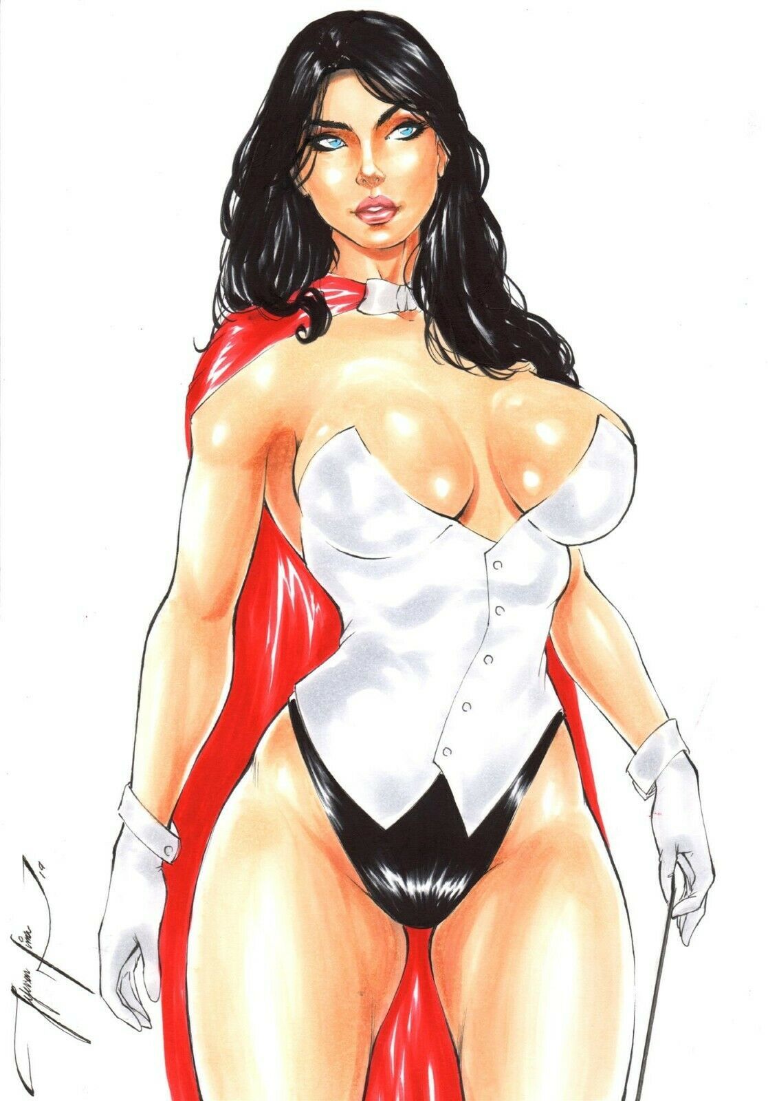 1girls big_breasts black_hair black_thong blue_eyes breasts breasts_apart cape color dc_comics ed_benes_studio fit_female highleg highleg_thong homo_magi jeferson_lima justice_league large_breasts latex_thong long_hair looking_at_viewer magician no_bra no_bra_under_clothes oppai pinup red_cape signature solo_female solo_focus superheroine thighs thong traditional_media white_corset white_gloves zatanna zatanna_zatara