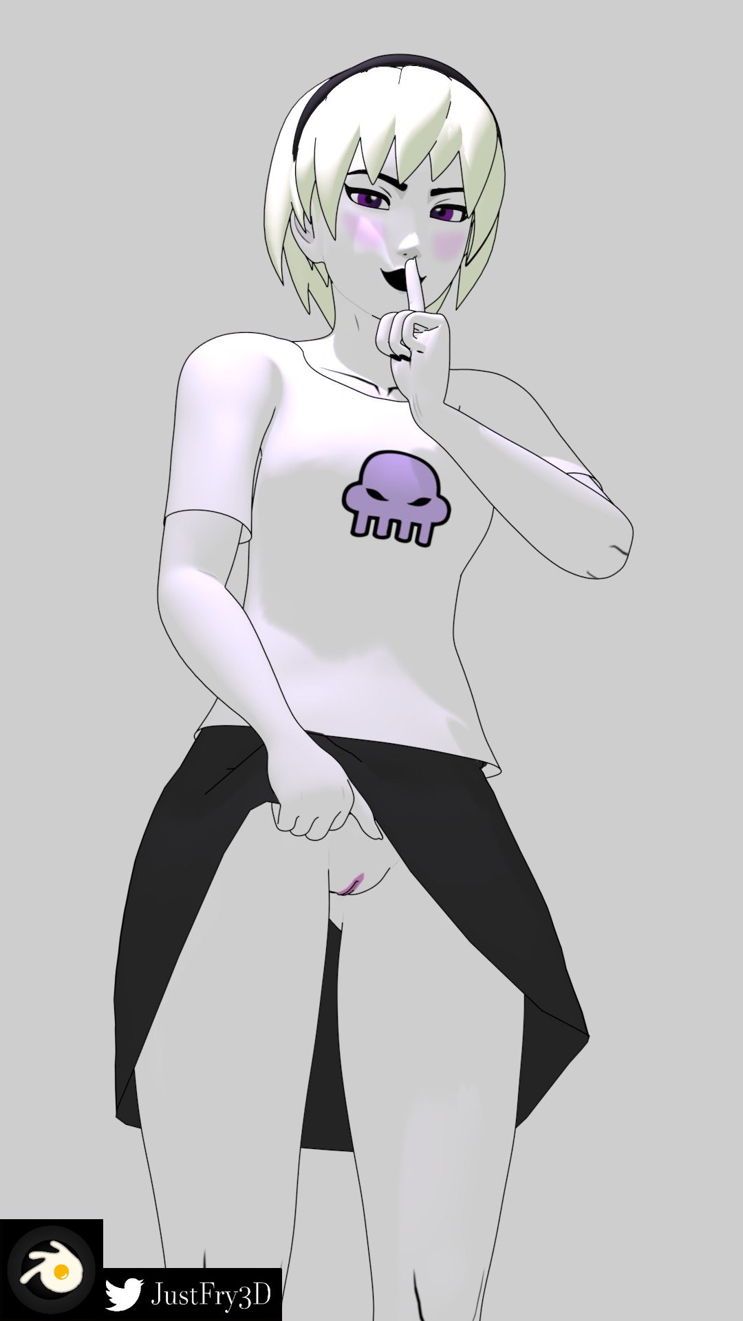 1girls 2019 3d black_lipstick black_nails blonde_hair blush breasts clothing finger_to_mouth hairband homestuck justfry3d looking_at_viewer ms_paint_adventures no_panties purple_eyes pussy rose_lalonde short_hair shushing skirt_lift solo white_background white_skin