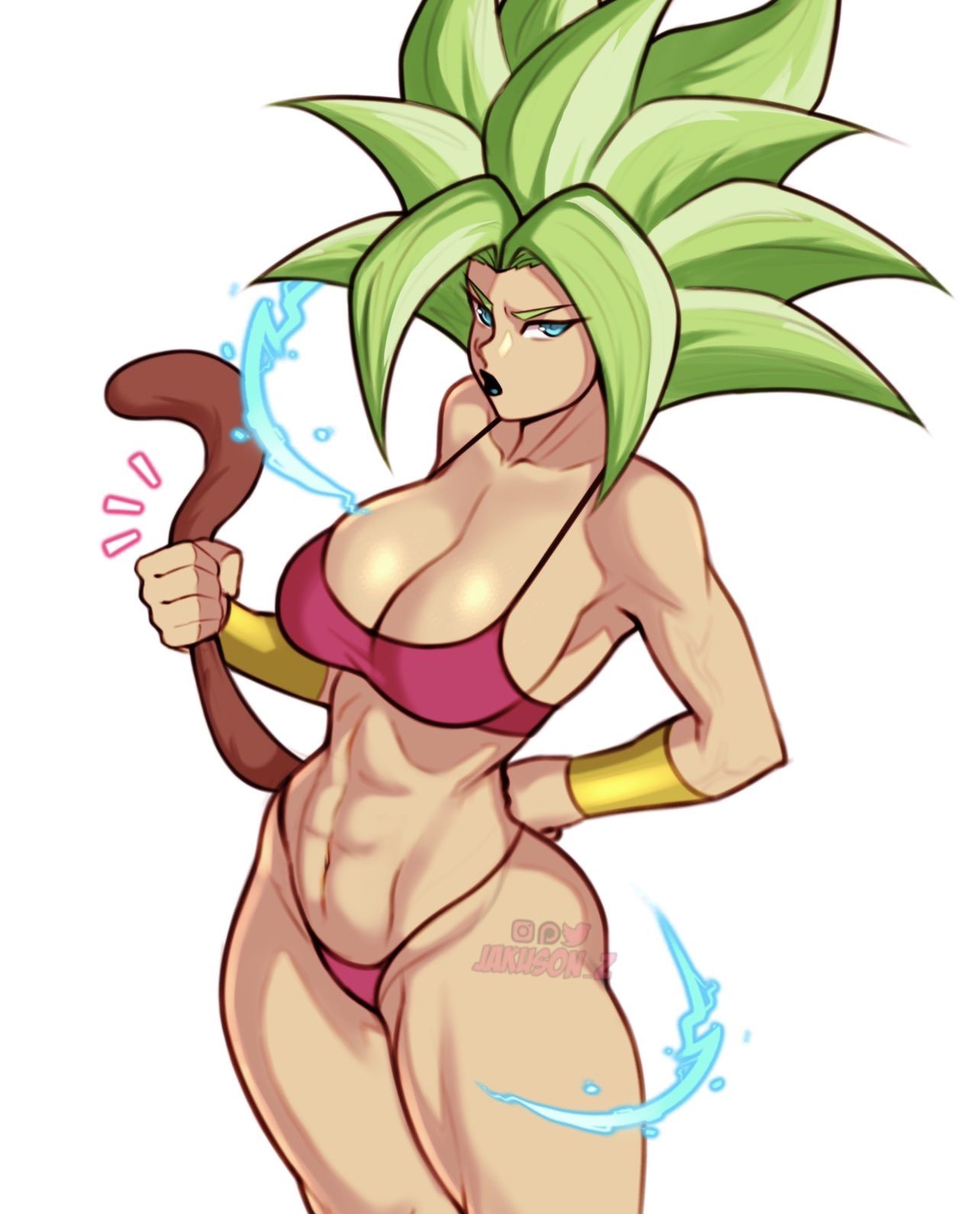 1girls, 2020, abs, athletic, athletic female, big breasts, blue eyes, breasts, cleavage, dragon ball, dragon ball super, earrings, eye contact, female, female focus, female only, highleg panties, jakuson z, kefla, legendary super saiyan, looking at viewer, muscular, muscular female, saiyan, shiny skin, short hair, solo, solo female, solo focus, spiky hair, standing, super saiyan, super saiyan 2, tail, thick thighs, thighs, vambraces