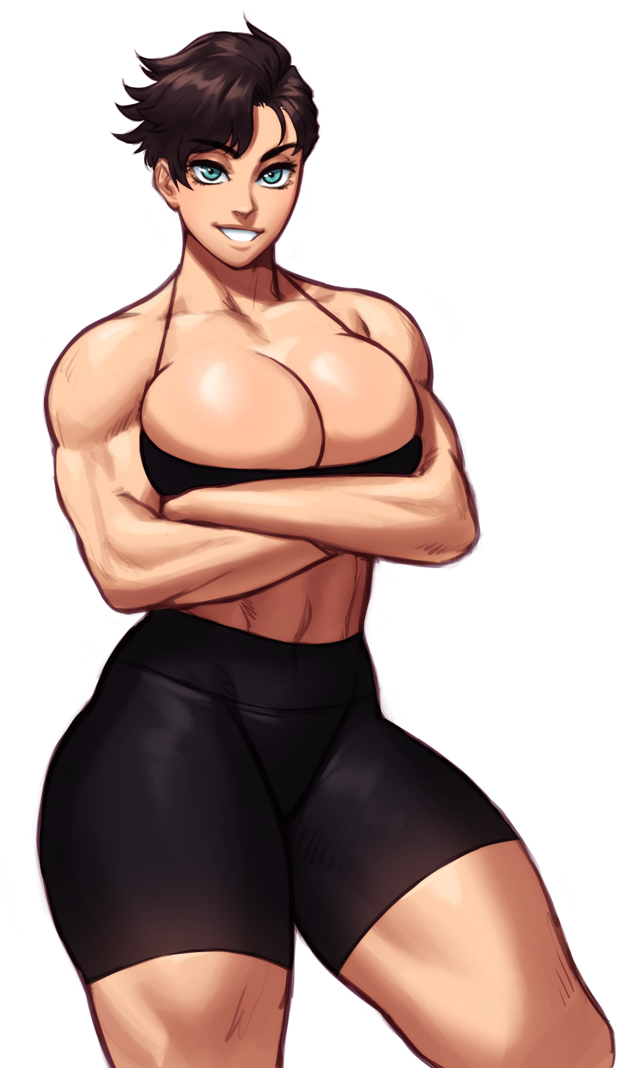 1girls, absurd res, arms crossed, big breasts, blue eyes, breasts, brown hair, brunette, commission, crossed arms, female, fit, hi res, looking at viewer, muscular, muscular female, original, original character, short hair, smiling at viewer, solo, sotcho, spanks (clothing), standing, strong, thick thighs, very high resolution, white background