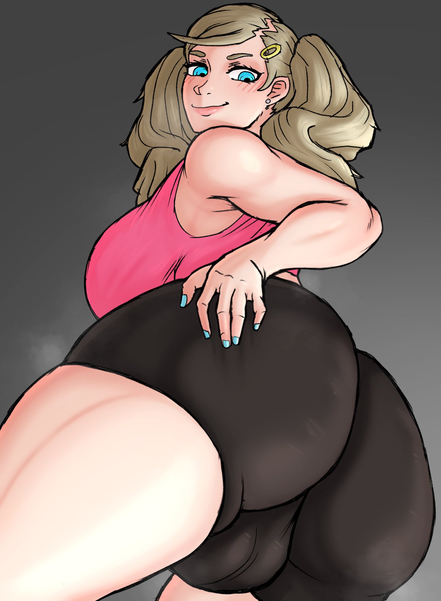 1futa, ann takamaki, ass, ass focus, atlus, back, back view, balls, big ass, big balls, big breasts, bike shorts, breasts, clothed, clothing, compression shorts, fully clothed, futa only, futanari, huge ass, huge breasts, human, intersex, light skin, light-skinned futa, looking back, low-angle view, persona, persona 5, shorts, slushiebest, smile, solo, solo futa, spandex shorts, standing, testicles, tight clothing, twintails