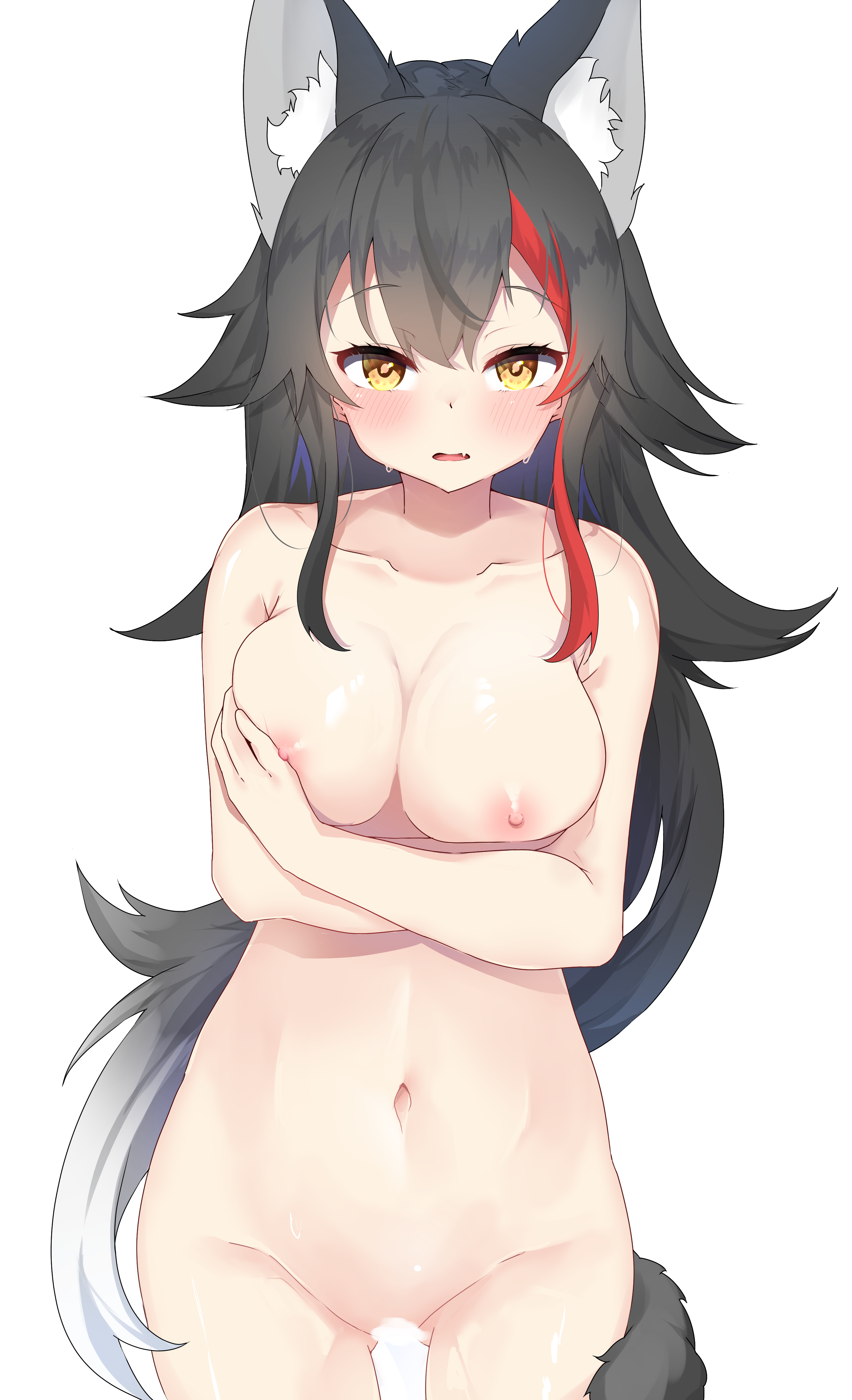 absurdres, amato 0321, animal ear fluff, animal ears, black hair, blush, breasts, brown eyes, censored, collarbone, colored tips, commentary request, completely nude, convenient censoring, cowboy shot, female, gluteal fold, highres, hololive, hololive gamers, hololive japan, large breasts, long hair, looking at viewer, multicolored hair, navel, nipples, nude, oerba yun fang, ookami mio, open mouth, red hair, skin fang, solo, steam, steam censor, streaked hair, tail, very long hair, virtual youtuber, white hair, wolf ears, wolf girl, wolf tail