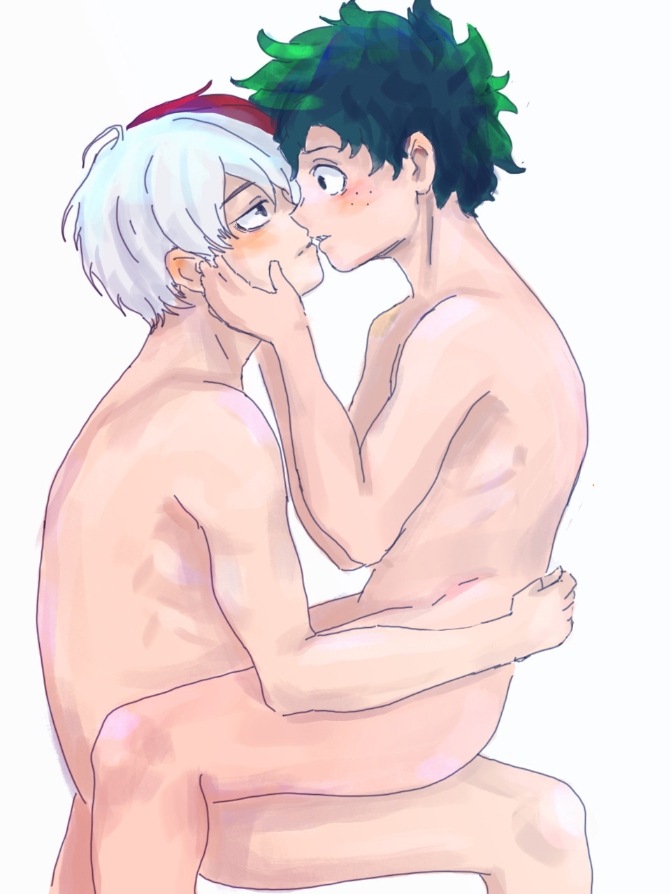 2boys about_to_kiss abs bare_hips bare_legs blush completely_nude completely_nude_male couple curly_hair freckles frizzy_hair grabbing_another's_head green_hair happy_sex hips izuku_midoriya legs looking_at_another male_pleasuring_male muscle muscles my_hero_academia nude nude_male penetration pleasure_face red_hair romantic romantic_couple sex shouto_todoroki sitting_on_lap tears teenage teenage_boy teenager white_background white_hair yaoi