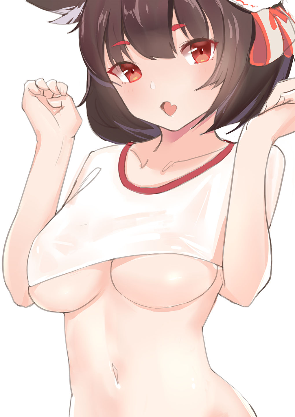 1girls animal_ears arms_up artist_request azur_lane belly belly_button blush breasts brown_hair cat_ears crop_top fangs female female_only hair_between_eyes hair_ribbon hands_up looking_at_viewer medium_breasts navel oerba_yun_fang red_eyes see-through see-through_clothing see-through_top see_through short_hair solo solo_female stomach topwear underboob upper_body wet wet_body wet_clothes yamashiro_(azur_lane)