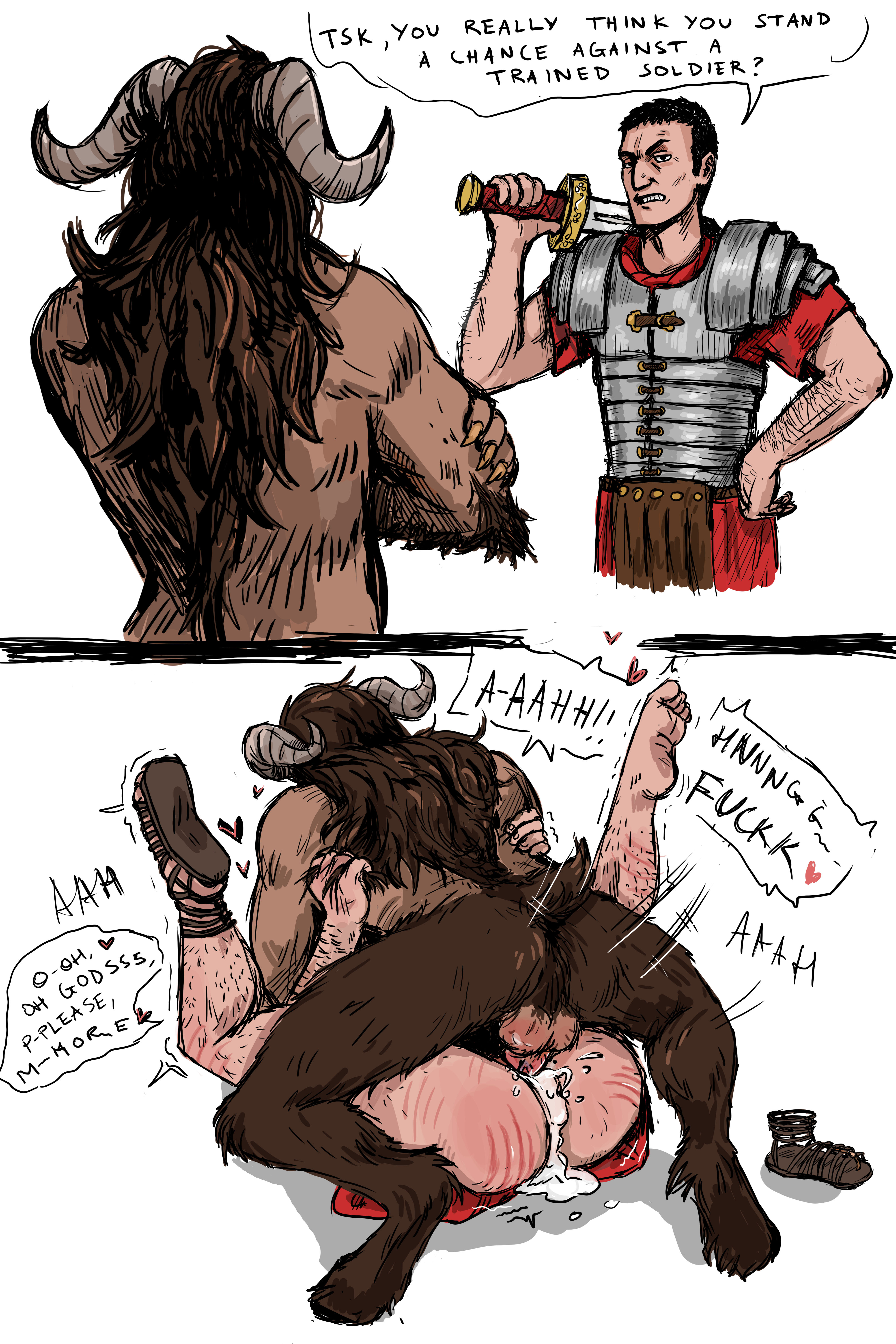 2boys, anal, armor, bara, boner, claw marks, claws, clothed, clothed sex, clothing, demon, drawfag, drawthread request, erection, gay, hair, hunk, instant loss, instant loss 2koma, male, male focus, male only, male/male, mating press, muscles, roman, satyr, soldier, yaoi