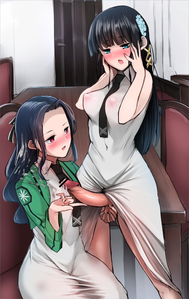 1futa 1girls ball_fondling bangs bar_censor big_penis black_hair blue_eyes blue_hair blush bottomless censor_bar censored censored_penis clothed clothes clothing clothing_lift cum_on_clothes cum_on_hair cum_on_upper_body cute dark_blue_hair dress erection eye_contact female fringe futa_on_female futanari grabbing_balls handjob hands_on_own_face holding_balls holding_testicles human imminent_oral large_breasts large_penis light-skinned_female light-skinned_futanari light_skin long_hair mahouka_koukou_no_rettousei mostly_clothed naughty_face navel nipples_visible_through_clothing oral pale-skinned_female penis penis_out penis_under_clothes penis_under_dress petite pleasure_face red_eyes ruined_orgasm saegusa_mayumi school_uniform schoolgirl see-through_belly see-through_clothing shiba_miyuki shumichi shy slim standing teenager touching_penis