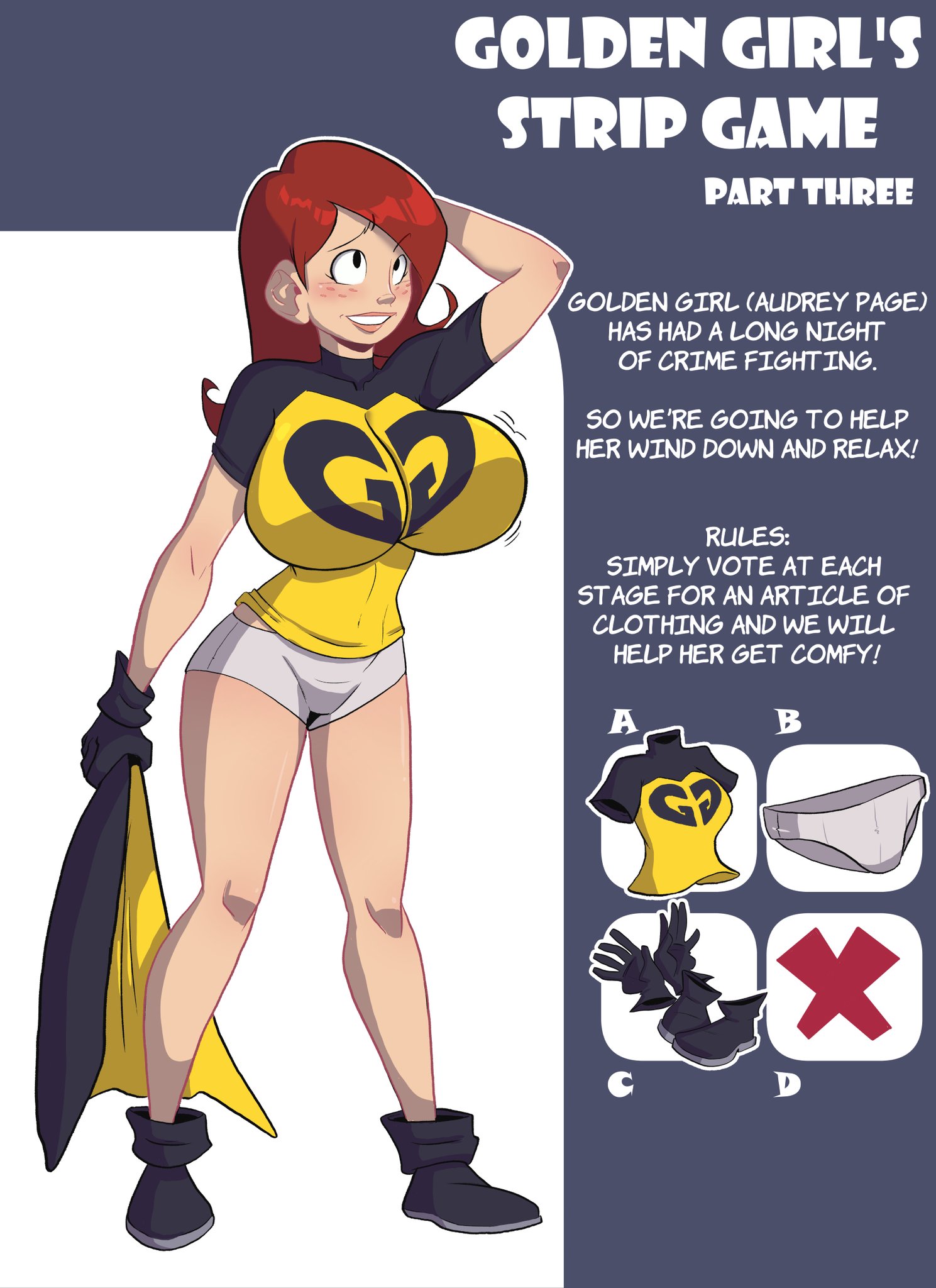 1girls, 2d (artwork), audrey page, big breasts, breasts, clothing, female, gewd-boi, golden girl, hyper breasts, panties, red hair, solo female, superheroine, tagme, text, the developing adventures of golden girl