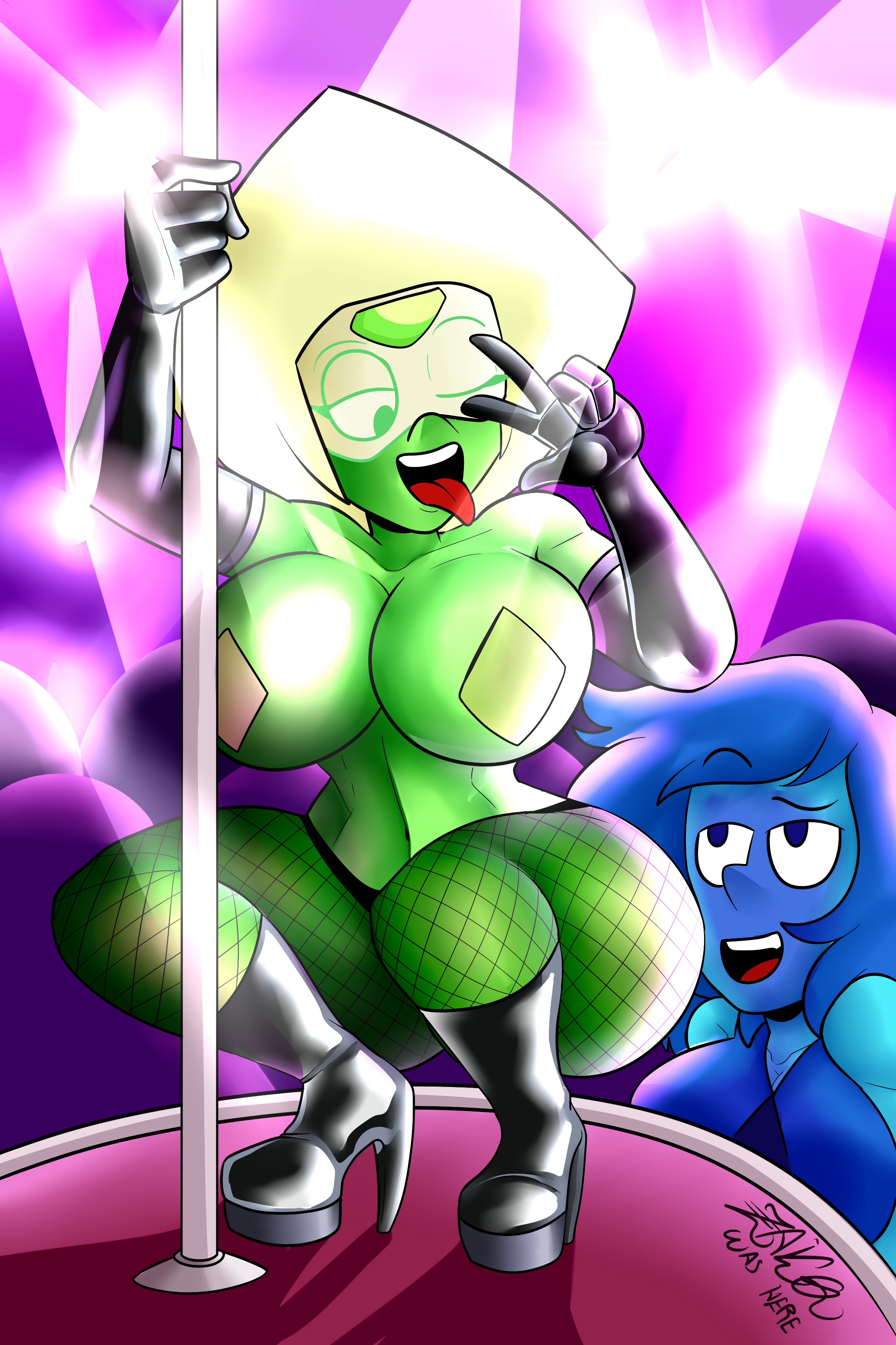 ahe gao, big breasts, breasts, female, fishnets, lapis lazuli (steven universe), pasties, peridot (steven universe), pole, pole dancer, pole dancing, steven universe, stripper, stripper pole, tagme, thick thighs, tongue, tongue out, zaicomaster14
