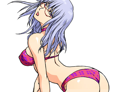 anime arched_back big_ass big_breasts bikini bubble_butt female female_only gintama glasses konkitto lavender_hair long_hair looking_at_viewer looking_back nipple_bulge open_mouth purple_hair red-framed_glasses sarutobi_ayame sideboob solo swimsuit