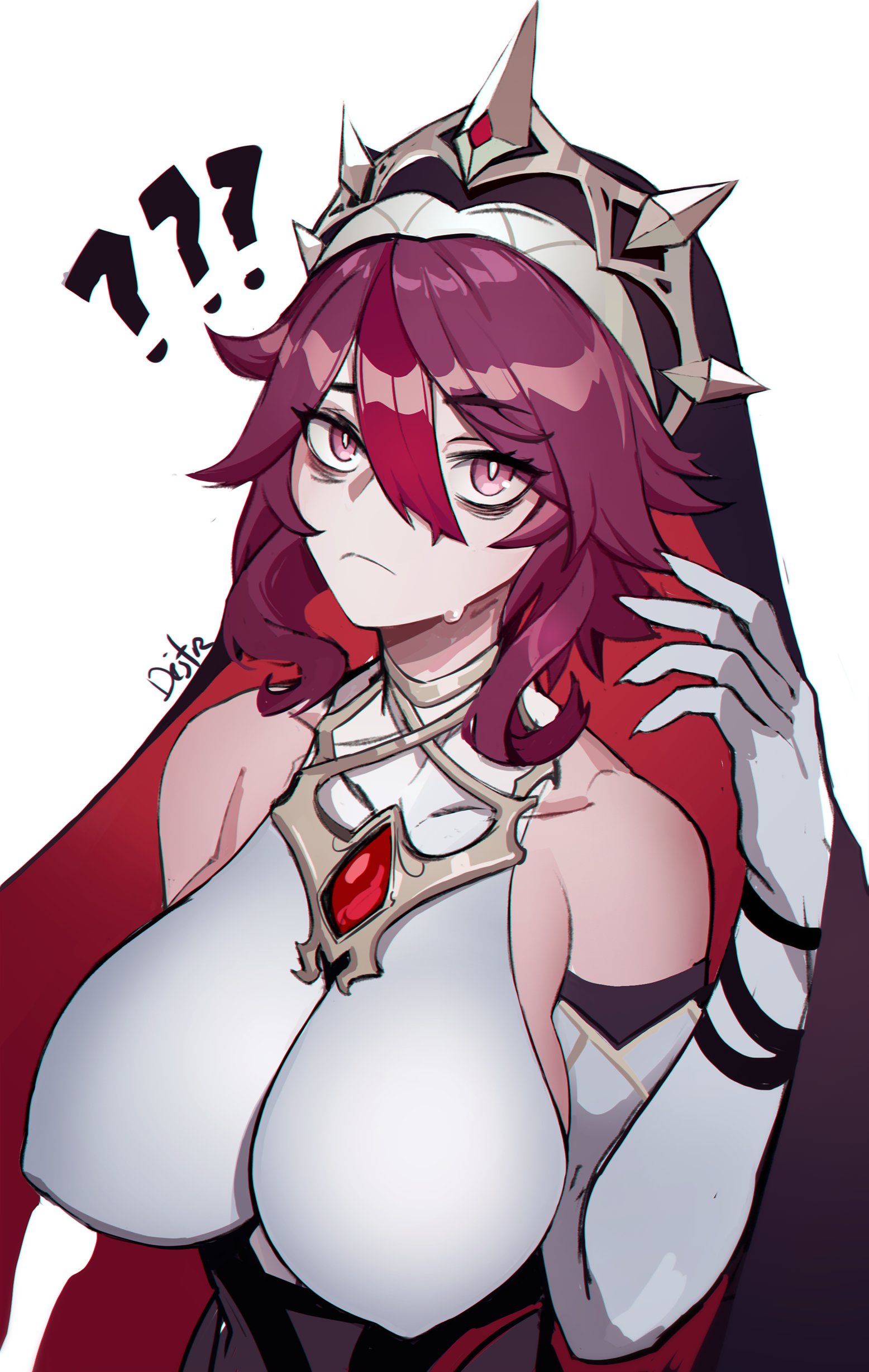 1girls, armwear, bags under eyes, bare shoulders, breasts, emotionless, female, genshin impact, huge breasts, large breasts, ninra, nipple bulge, nun, nun outfit, nun's habit, pale, red hair, rosaria (genshin impact), short hair, shoulders, tired, tired eyes, uncaring, white background, wine colored hair