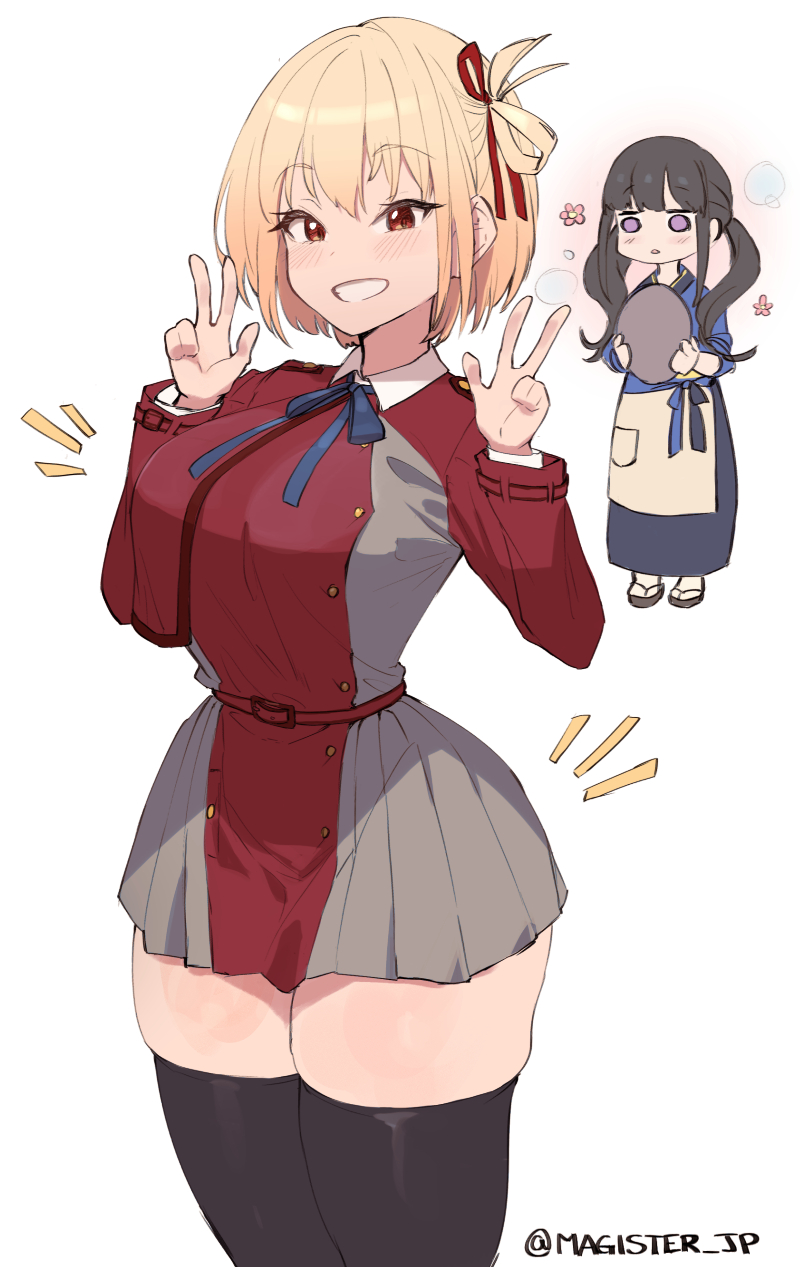 big breasts, breasts, female, inoue takina, lycoris recoil, magister (bigbakunyuu), muffin top, nishikigi chisato, skirt, tagme, thick thighs, thighhighs
