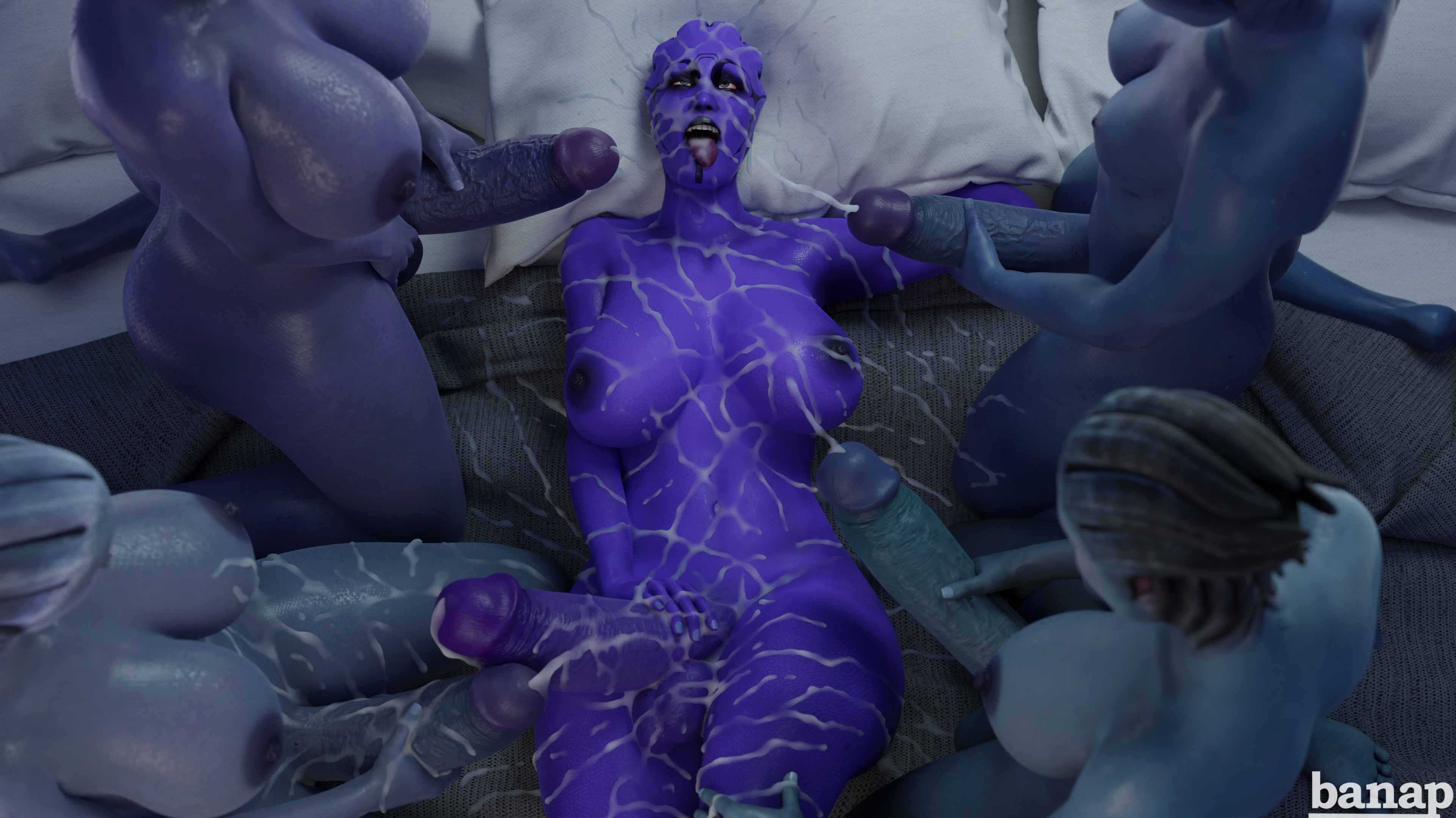 3d, 5futas, alien, alien girl, aria t'loak, asari, balls, banap, big balls, big breasts, big penis, blender, blender (software), blue skin, breasts, bukkake, cock, completely nude, cum, cum in mouth, cum on body, cum on breasts, cum on face, cum onto penis, cumshot, elnora (mass effect), female, futa on futa, futa only, futa with futa, futanari, gangbang, group, group sex, huge cock, intersex, liara t'soni, mass effect, nipples, nude, nude futa, penis, samara, tongue, tongue out