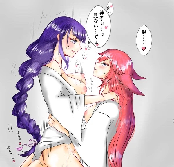 2girls blush braided_hair breasts_out female female_only fox_ears genshin_impact hickey_marks implied_penetration implied_strap-on lesbian_sex long_hair multiple_girls on_lap pink_hair purple_hair raiden_shogun riding robe straddling yae_miko yuri