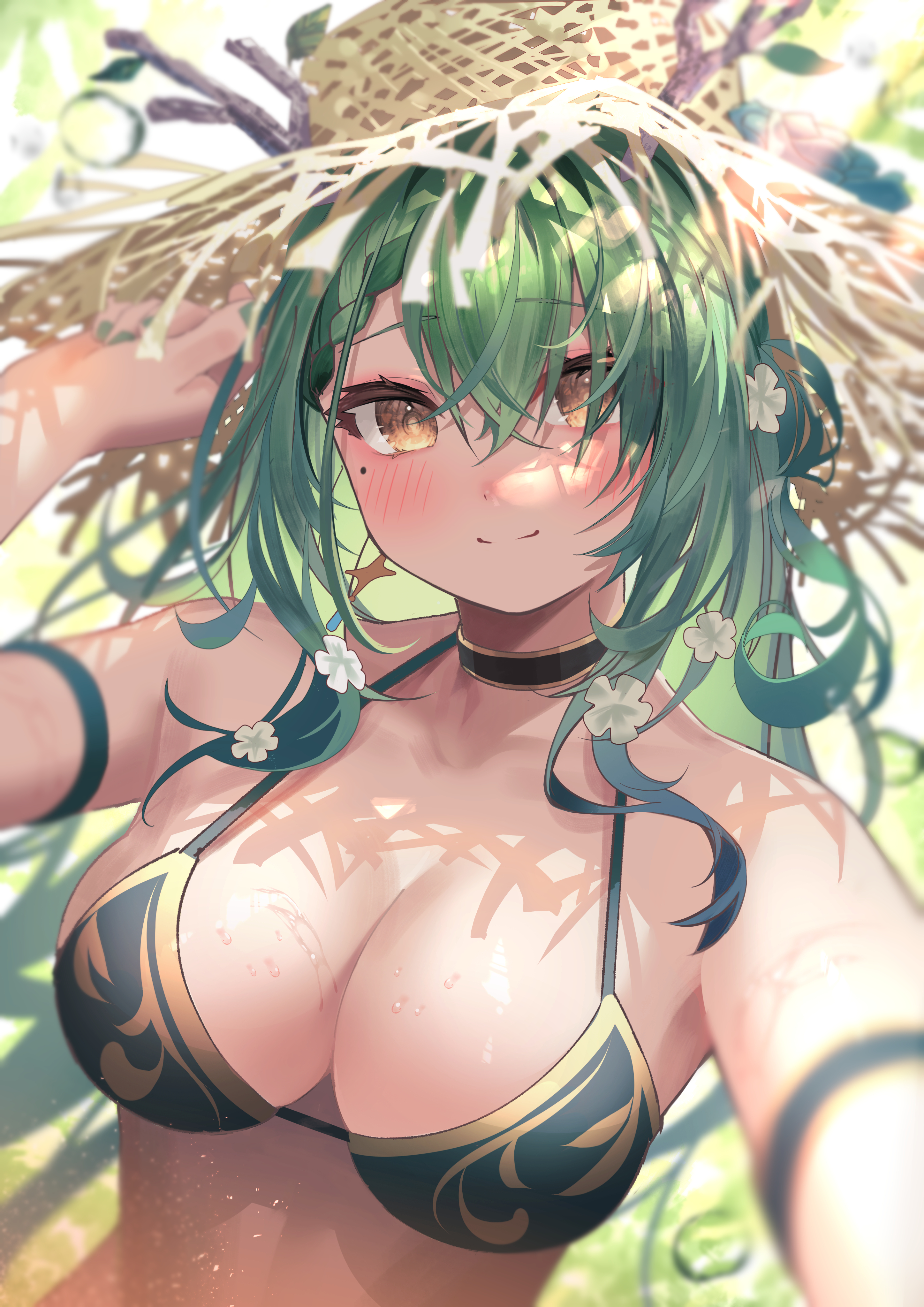 beauty mark, bikini, bikini top, blurry background, blush, ceres fauna, choker, female, flowers in hair, green hair, hololive, hololive english, hololive english -council-, hololive english -promise-, horns, nail polish, selfie, shade, straw hat, sunlight, virtual youtuber, yellow eyes