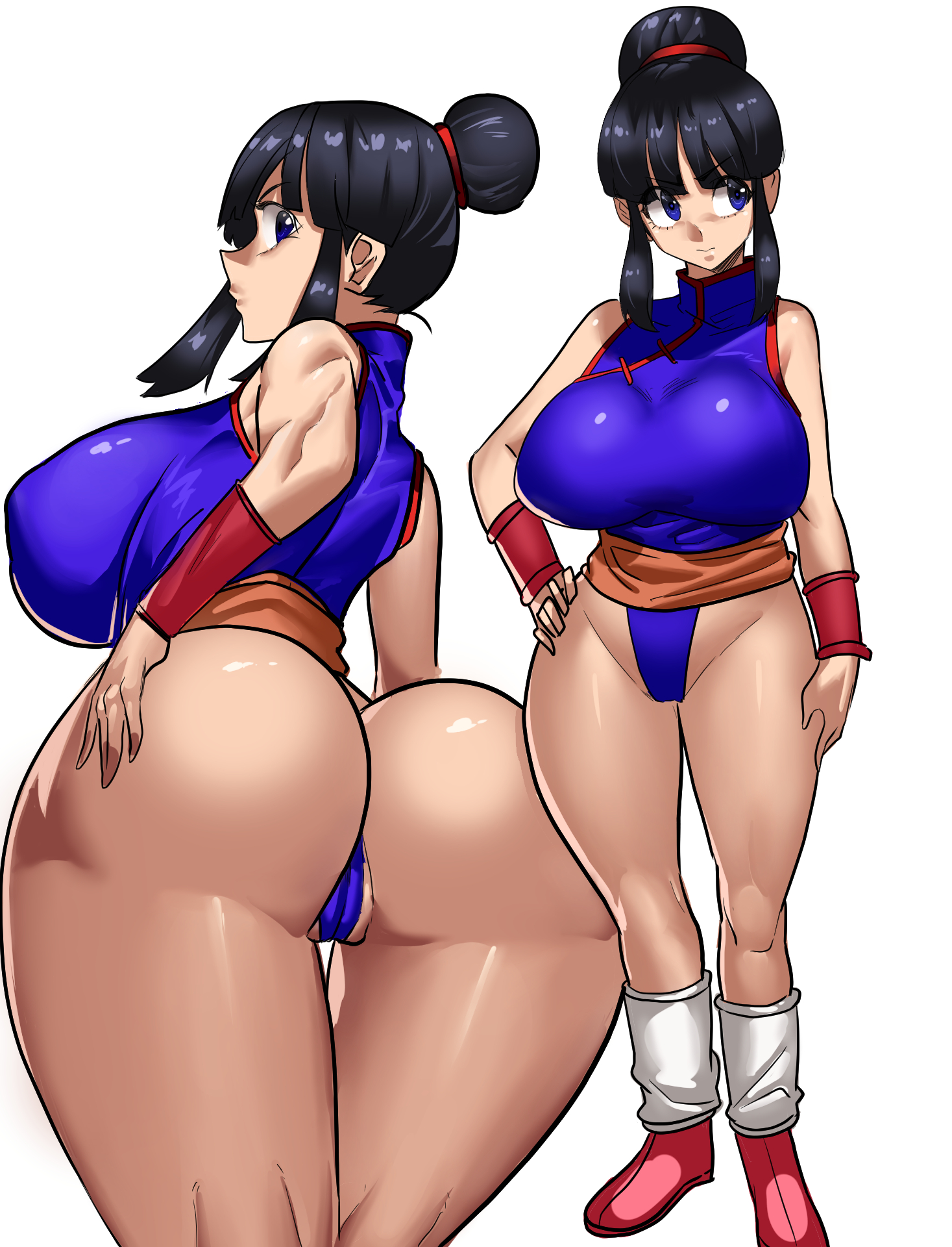 1girls, ass, black eyes, black hair, breasts, cameltoe, chichi, dragon ball, dragon ball z, female, female only, gamjasssak, hi res, large breasts, looking back, milf, pussy, solo, solo female, thighs, white background