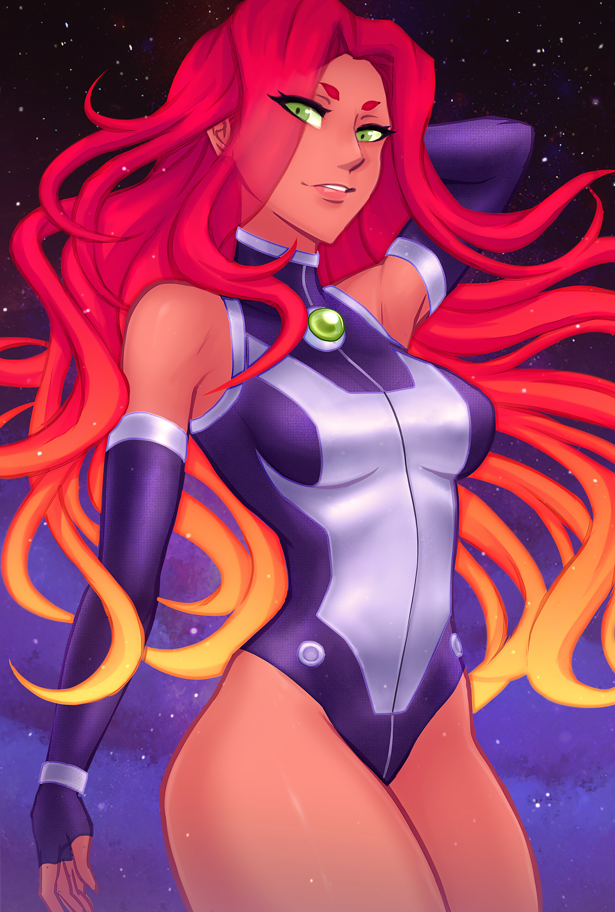 alien, alien girl, dc, dc comics, dcamu, female, green eyes, iahfy, koriand'r, leotard, long hair, nonude, orange skin, outer space, red hair, starfire, starfire (comics), super suit, teen titans