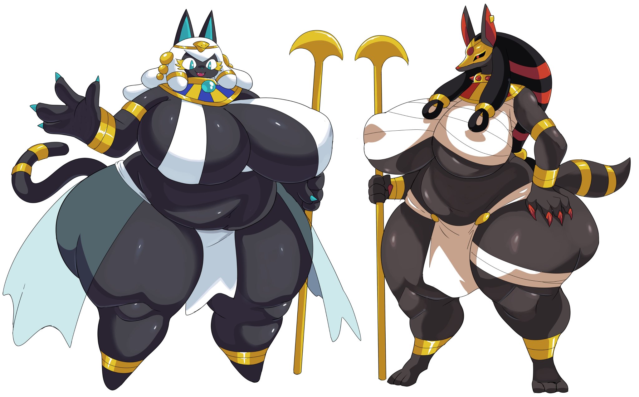 2girls, accessory, anthro, ass, breasts, canine, egyptian, egyptian clothes, fat ass, feline, female, female focus, female only, glitchlord8391, gold jewelry, huge ass, huge breasts, klea (glitchlord8391), margaret (glitchlord8391), multiple females, multiple girls, original character, shortstack, thick thighs
