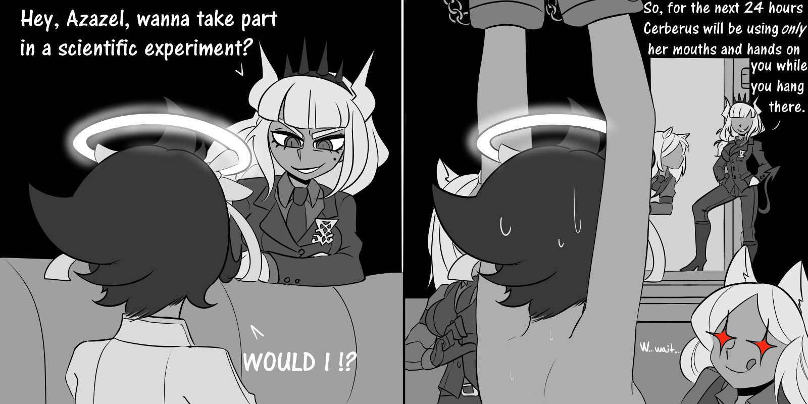 5girls, animal ears, azazel (helltaker), cerberus (helltaker), comic, dialogue, dog ears, female, haaru, halo, helltaker, imminent rape, lucifer (helltaker), monochrome, text, tied up, yuri