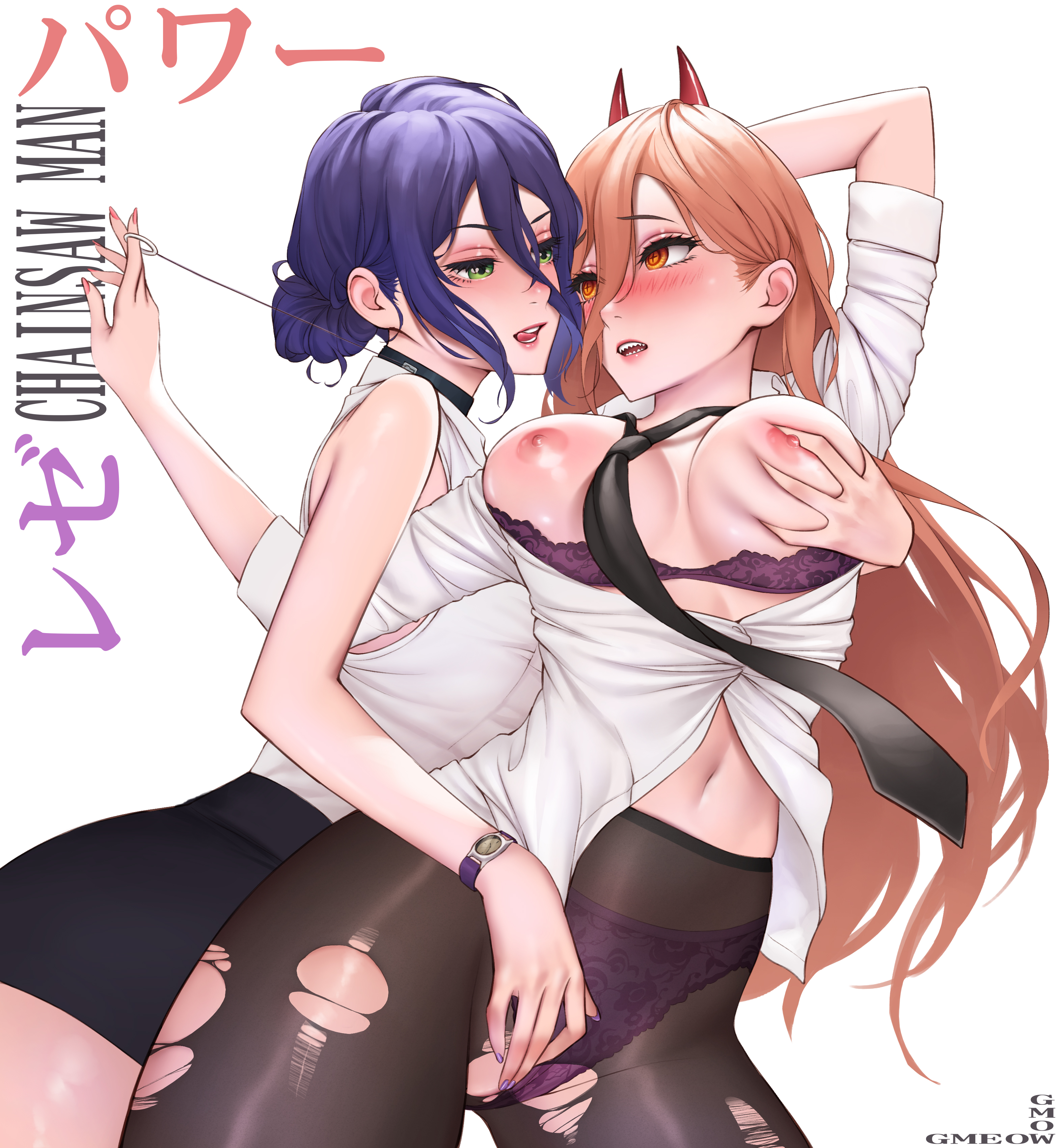 2girls, areolae, big breasts, blonde hair, blush, breast grab, breasts, chainsaw man, choker, demon, demon girl, female, female only, gmowgmeow, green eyes, horns, nipples, orange eyes, pantyhose, power (chainsaw man), purple hair, reze (chainsaw man), ripped pantyhose, skirt, strawberry blonde hair, thick thighs, thighs, yuri