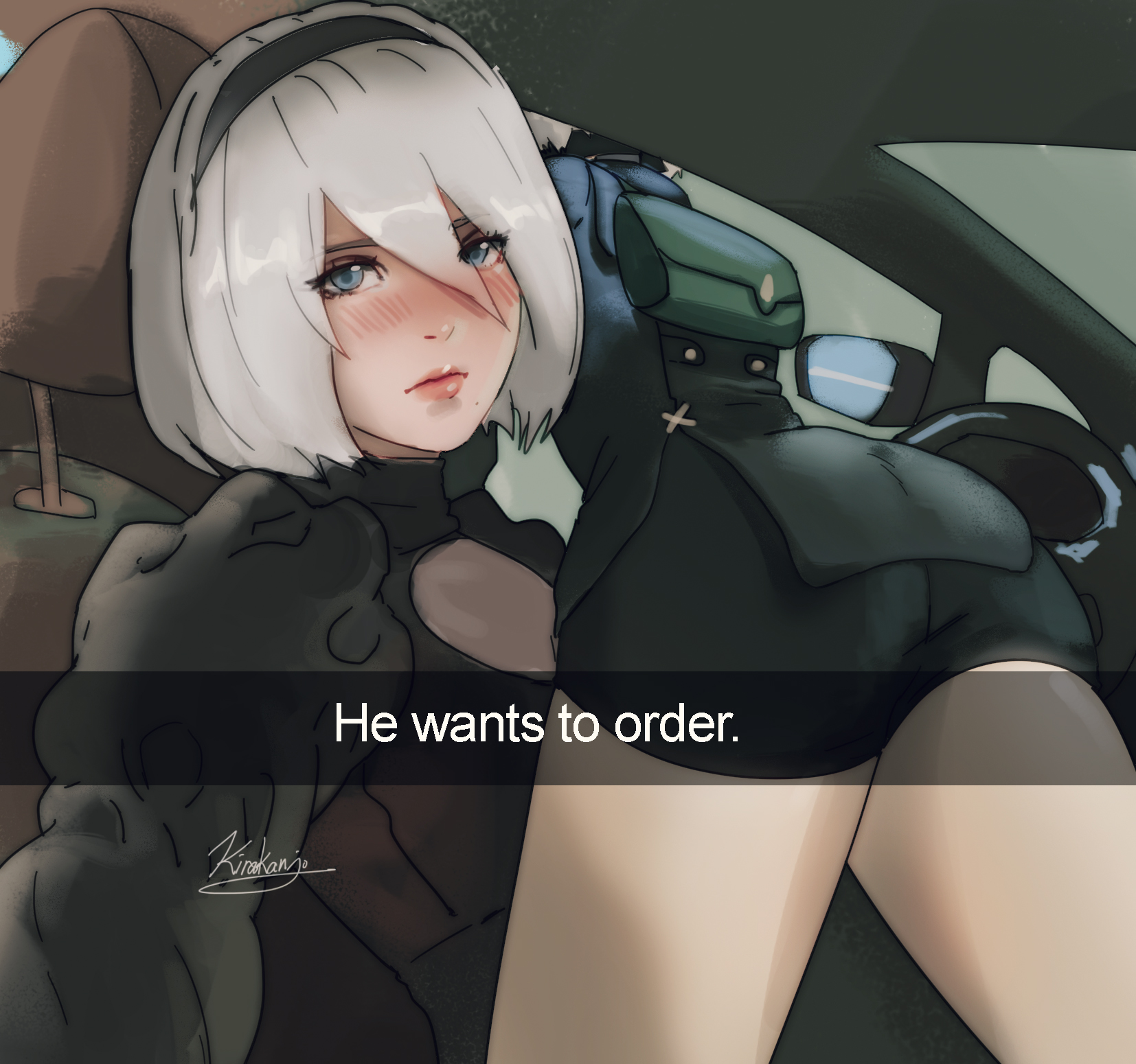 1boy, 1girls, ass, big ass, bubble ass, bubble butt, clothing, female, female focus, femboy, he wants to order, kirakanjo, male, meme, nier, nier: automata, yorha 2b, yorha 9s