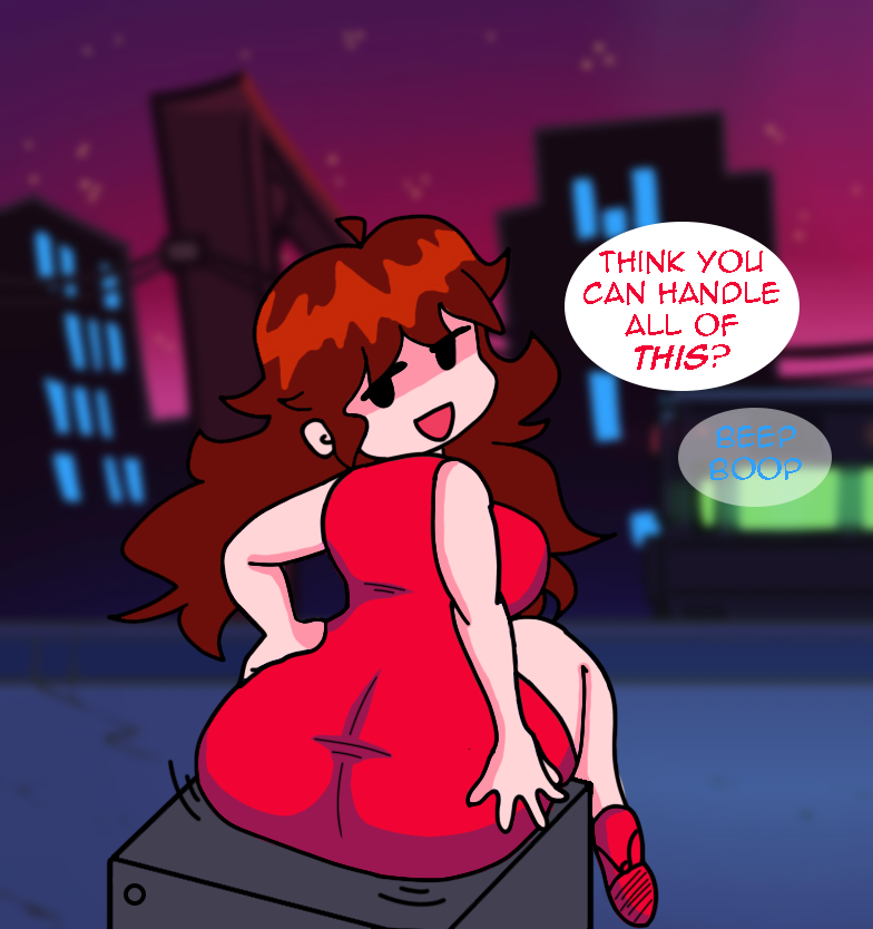 ass ass_shake bangs boombox boyfriend_(friday_night_funkin) brown_hair bubble_butt comic dialogue edit edited female female_only friday_night_funkin girlfriend_(friday_night_funkin) red_dress s_elbeej sharp_teeth shortstack teasing text thick_ass thick_thighs