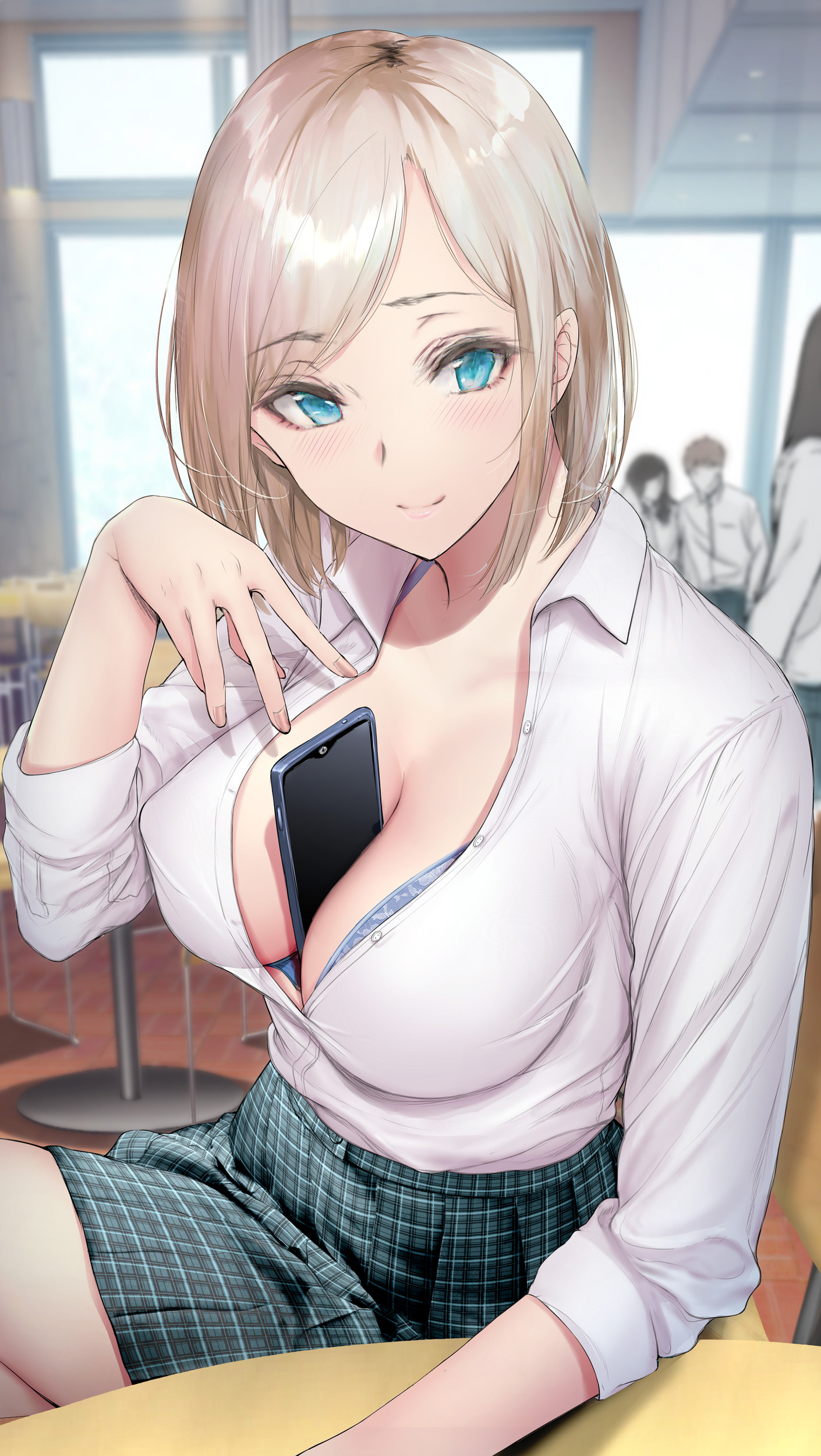 1girls, between breasts, blonde hair, blue eyes, blush, breasts, classroom, cleavage, clothing, female, gentsuki, green eyes, looking at viewer, nipple bulge, open clothes, original, phone, school uniform, short hair, skirt, smile, smiling at viewer