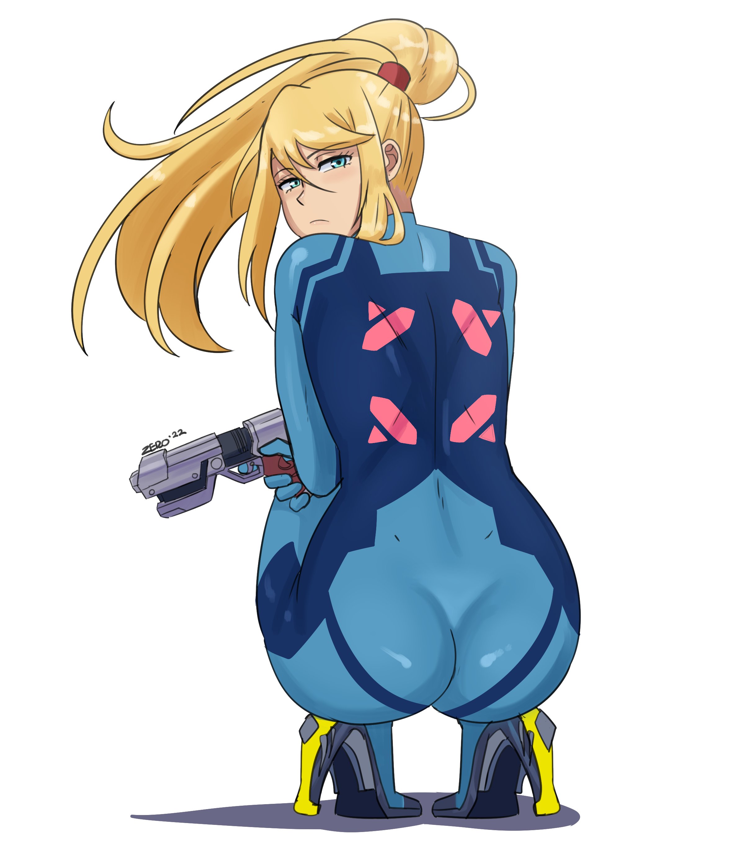 1girls, ass, blonde hair, bodysuit, crouching, female, heels, high heels, long hair, looking back, metroid, nintendo, ponytail, samus aran, solo, squatting, zero suit, zero suit samus, zeromomentai