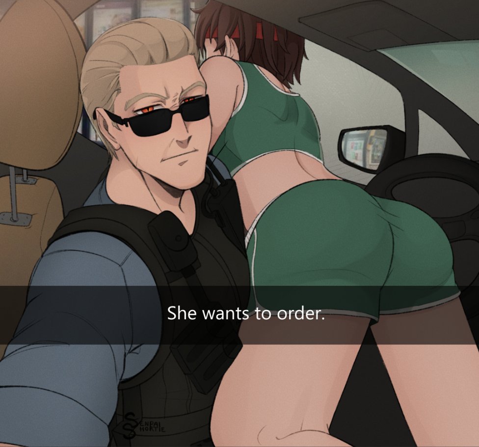 1boy 1girls albert_wesker ass ass_focus big_ass bottomwear dat_ass dolphin_shorts female he_wants_to_order human meme orange_eyes pale_skin rebecca_chambers resident_evil resident_evil_remake selfie senpaishortie shorts slit_pupils snapchat sportswear