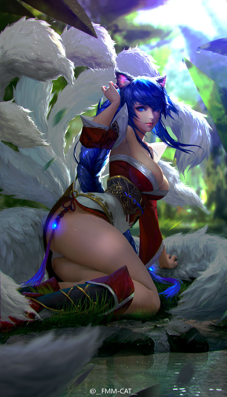 1girls, ahri, animal ear fluff, animal ears, animal girl, ass, big breasts, black hair, blue eyes, breasts, cleavage, clothing, curves, curvy, curvy body, curvy female, curvy figure, curvy hips, eyelashes, eyeliner, eyeshadow, facial markings, female, fluffy, fluffy ears, fluffy tail, fluffy tails, fmm-cat, fox, fox ears, fox girl, fox tail, furry tail, hourglass figure, humanoid, inner ear fluff, kemonomimi, kitsune, large breasts, league of legends, light skin, light-skinned female, long hair, multi tail, nine tailed fox, pale skin, pale-skinned female, realistic, riot games, solo, tail, thighs, vastaya, video games