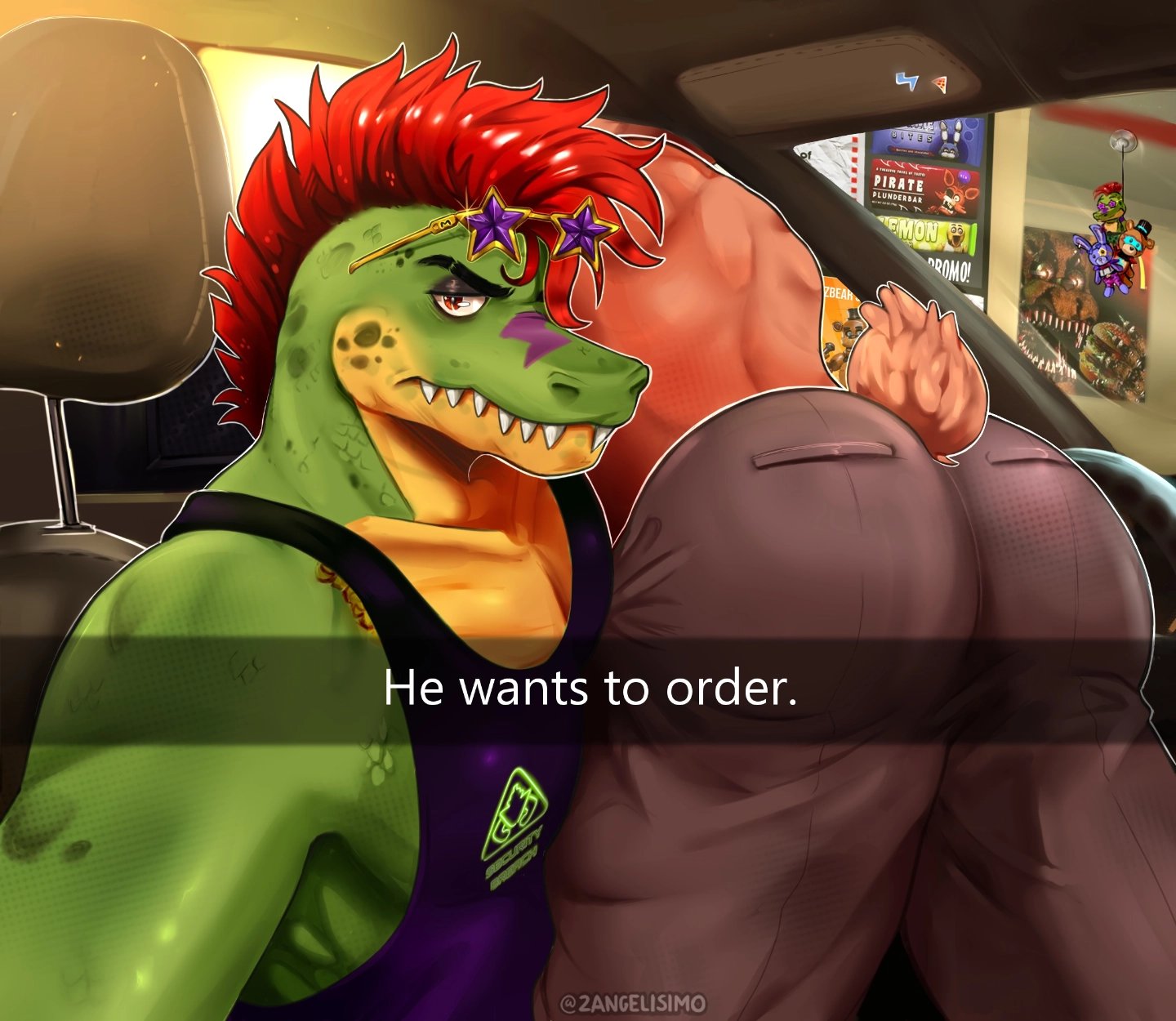 2boys, anthro, ass, ass focus, big ass, bubble ass, bubble butt, duo, five nights at freddy's, five nights at freddy's: security breach, glamrock freddy (fnaf), he wants to order, male, male only, meme, montgomery gator (fnaf), red eyes, red hair, scottgames