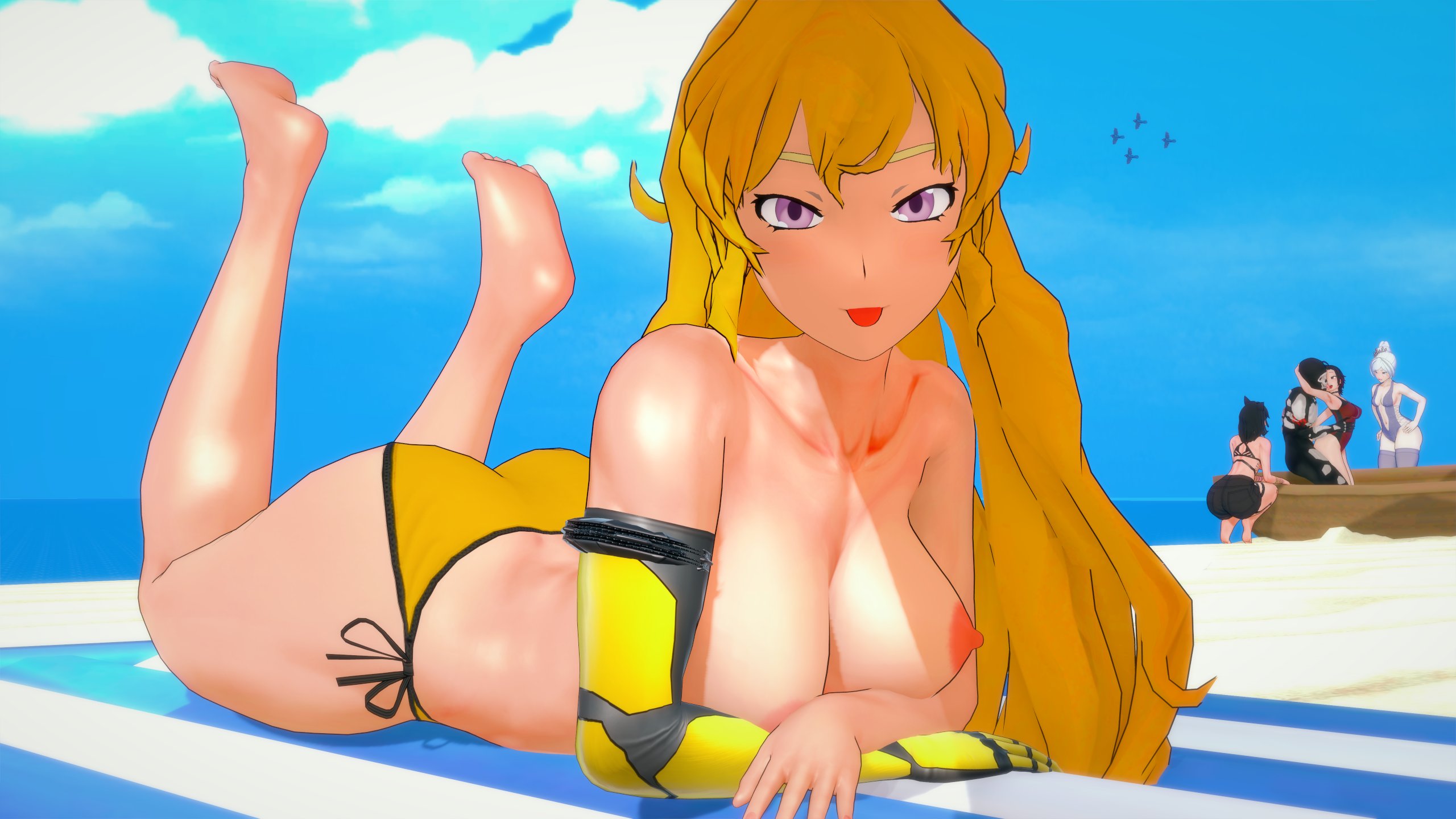 1boy, 4girls, beach, black hair, blake belladonna, blonde hair, female, grimm (rwby), interspecies, koikatsu, prosthetic arm, red hair, ruby rose, rwby, team rwby, weiss schnee, white hair, yang xiao long