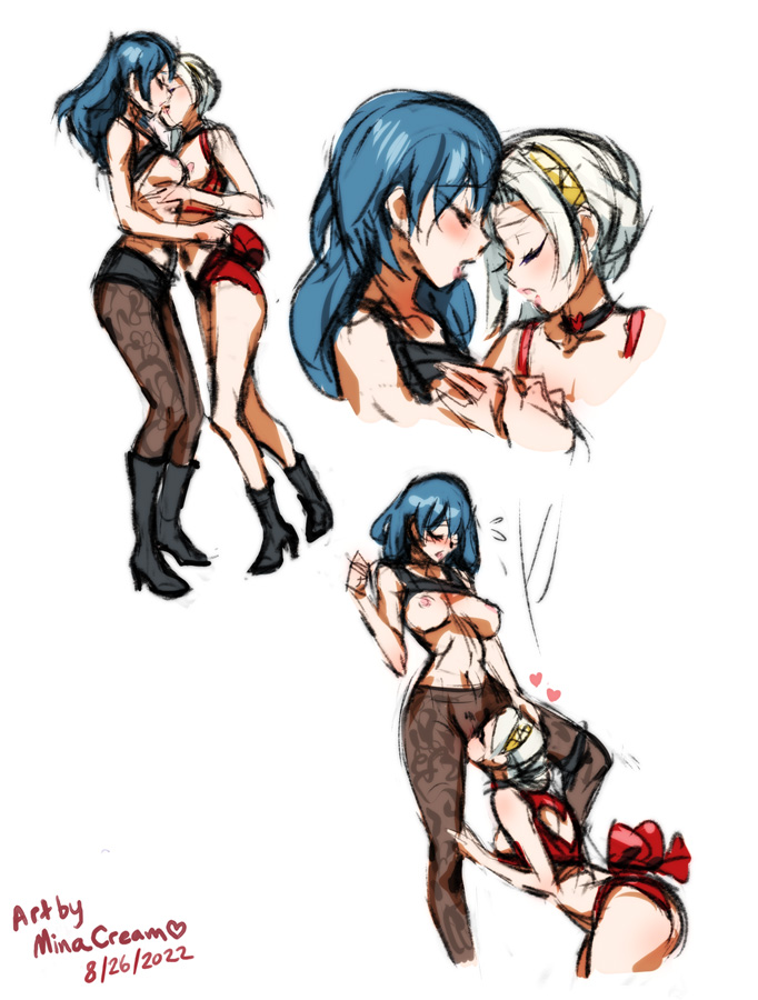2girls, alternate costume, alternate hairstyle, ass, back, backless outfit, big ass, bikini, breast grab, breasts, breasts out, byleth (fire emblem), byleth (fire emblem) (female), choker, closed eyes, cunnilingus, edelgard von hresvelg, female, female only, fire emblem, fire emblem warriors: three hopes, fire emblem: three houses, groping, guided breast grab, heart, heart cutout, large breasts, leggings, long hair, medium breasts, medium hair, minacream, multiple females, multiple girls, nintendo, nipples, official alternate hairstyle, pantyhose, ponytail, red bikini, red swimsuit, sex, shorts, swimsuit, teal hair, white hair, yuri
