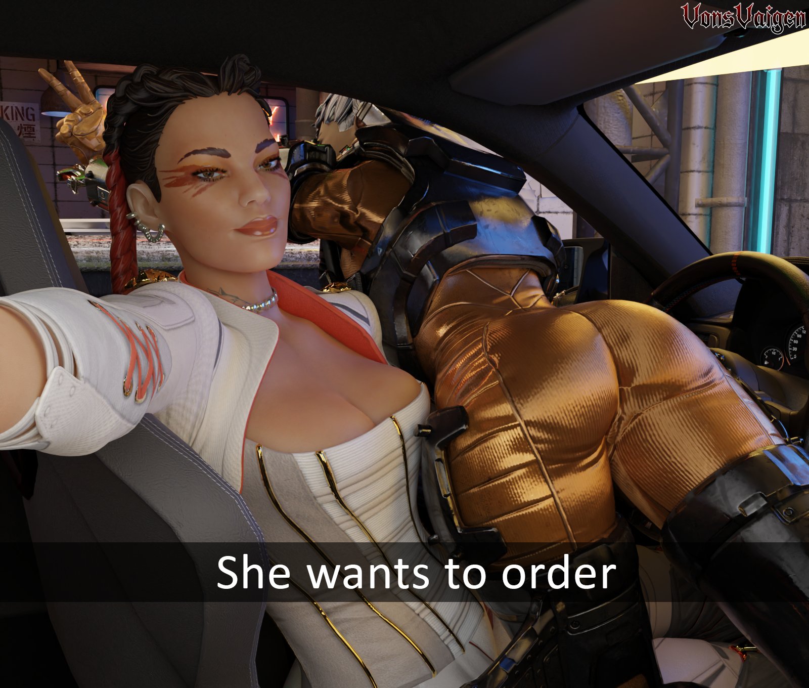 2girls, apex legends, ass, ass focus, big ass, big breasts, breasts, cleavage, corset, dark skin, dark-skinned female, female, female focus, female only, he wants to order, light skin, light-skinned female, loba (apex legends), meme, multiple females, multiple girls, respawn entertainment, selfie, snapchat, tights, valkyrie (apex legends), vonsvaigen, yuri