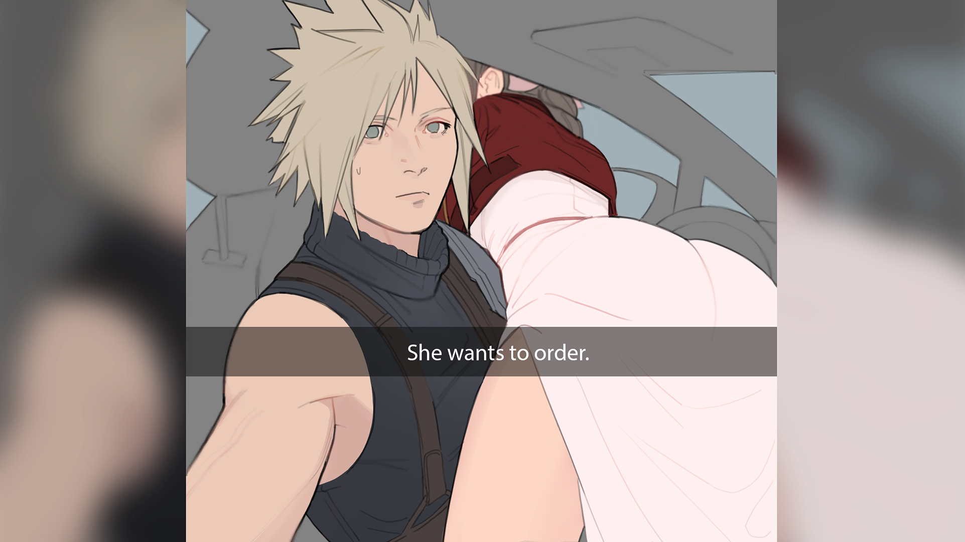 1boy, 1girls, aerith gainsborough, ass, ass focus, big ass, clothing, cloud strife, coyotehackles, female, female focus, final fantasy, final fantasy vii, he wants to order, male, meme, selfie, snapchat, square enix