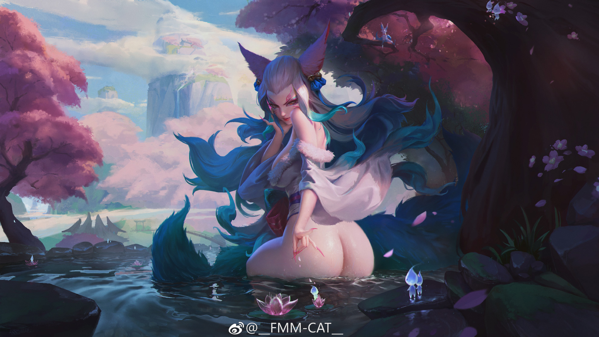 1girls, ahri, alternate costume, alternate hair color, alternate hairstyle, animal ear fluff, animal ears, animal girl, ass, bangs, bell, big ass, big breasts, breasts, busty, choker, cleavage, clothing, curves, curvy, curvy body, curvy female, curvy figure, curvy hips, eyelashes, eyeliner, eyeshadow, facial markings, female, fluffy, fluffy ears, fluffy tail, fluffy tails, fmm-cat, fox, fox ears, fox girl, fox tail, furry tail, hair ornament, hair ribbon, hourglass figure, humanoid, inner ear fluff, japanese clothes, kemonomimi, kimono, kitsune, large breasts, league of legends, light skin, light-skinned female, long hair, multi tail, nine tailed fox, pale skin, pale-skinned female, realistic, riot games, robe, solo, spirit blossom ahri, spirit blossom series, tail, thighs, vastaya, video games, white hair, yellow eyes