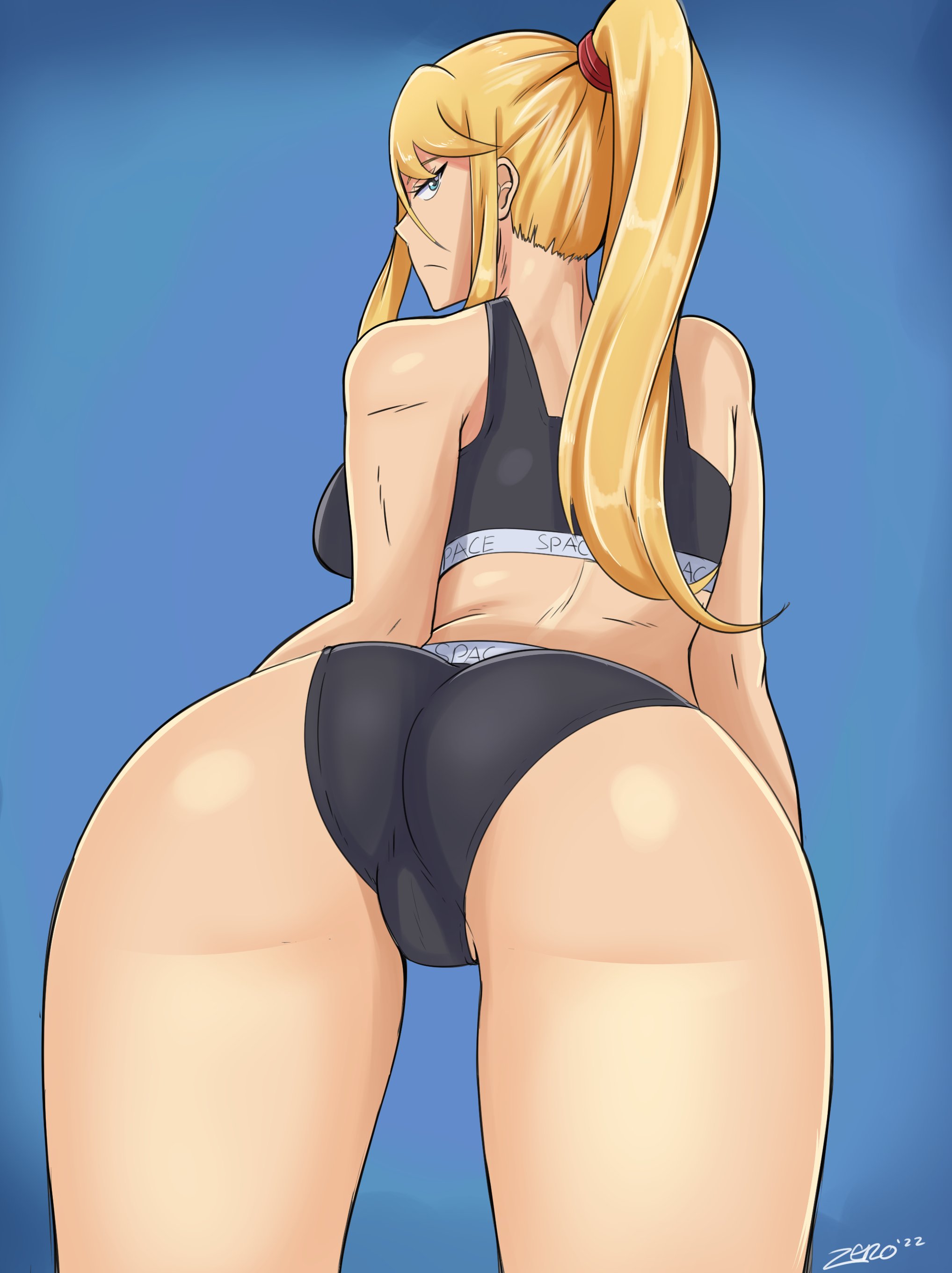 1girls, ass, blonde hair, female, long hair, looking back, metroid, nintendo, panties, ponytail, samus aran, solo, sports bra, underwear, zeromomentai