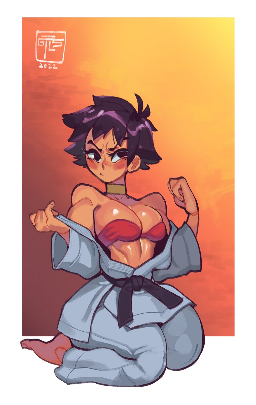 1girls, black eyes, black hair, blush, capcom, female, female only, gattles, hi res, kneeling, makoto (street fighter), narrowed eyes, solo, solo female, street fighter, tomboy