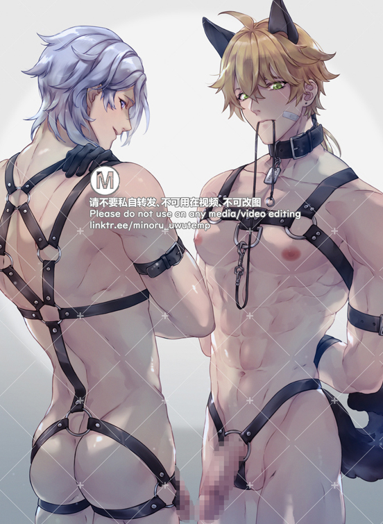 2boys, abs, animal ears, bandage, big chest, bondage, censored, censored penis, cock ring, garter straps, genshin impact, gloves, harness, kamisato ayato, leash, looking at viewer, male, minoru uwutemp, penis, straps, tail, thoma (genshin impact), yaoi