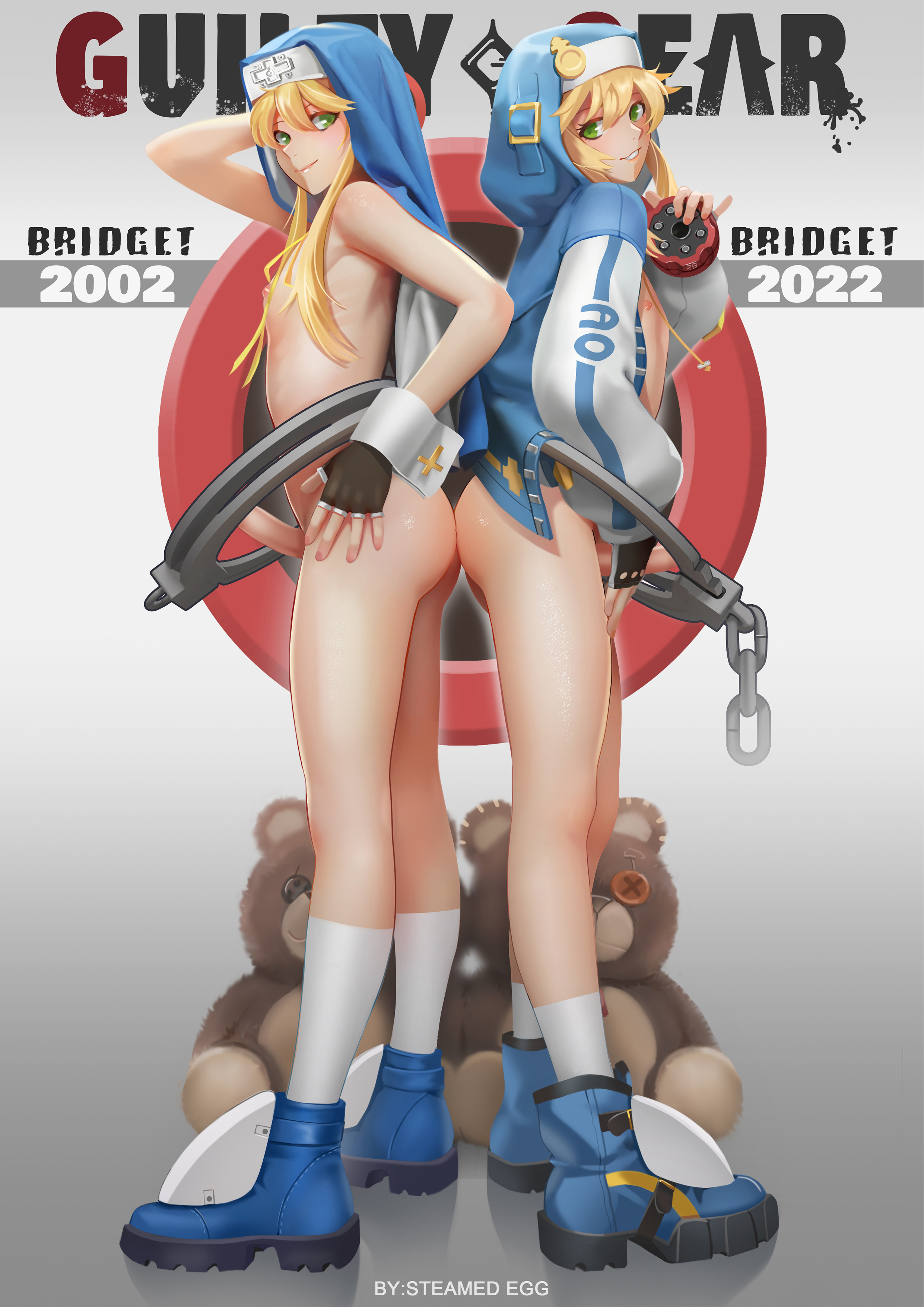 2002, 2022, 2boys, androgynous, arc system works, ass, ass to ass, blonde hair, blue eyes, blush, boots, bridget, bridget grin, canon crossdressing, clothed, clothing, cute, erection, eye contact, eyebrows, eyelashes, femboy, feminine male, fingerless gloves, footwear, fully clothed, girly, gloves, guilty gear, guilty gear strive, guilty gear xx, high resolution, hips, hood, hoodie, human, human focus, human only, jacket, long hair, looking at viewer, male, male focus, male nipples, male nun, male only, miniskirt, nipples, nun's habit, otoko no ko, penis, roger (guilty gear), selfcest, shoes, skirt, smile, standing, steamed egg, teddy bear, text, thick thighs, thighs, toy, wide hips
