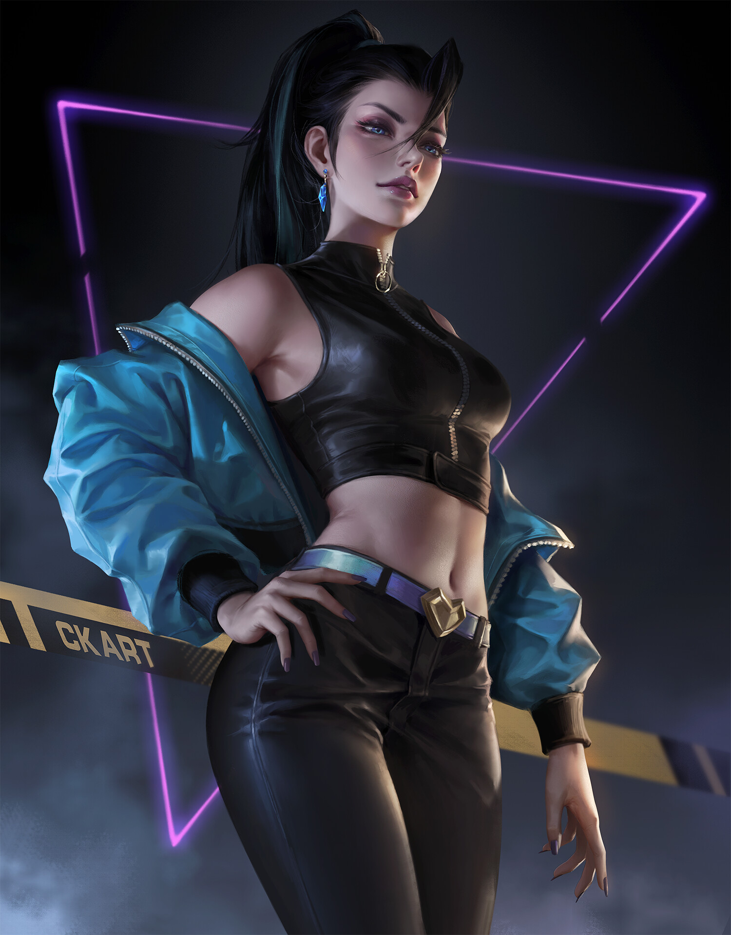 1girls, bare shoulders, belt, black hair, black pants, blue earrings, blue eyes, blue jacket, ck art, clothed, earrings, female, female only, k/da all out kai'sa, k/da all out series, kai'sa, league of legends, riot games, tagme