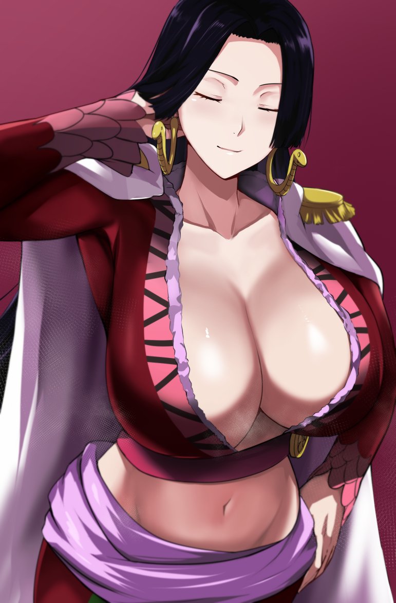 1girls, belly button, big breasts, black hair, black-haired female, boa hancock, breasts, cafekun, cape, closed eye, closed eyes, deep cleavage, earrings, epaulettes, exposed belly, female, female only, one piece, revealing clothes, sash, tagme