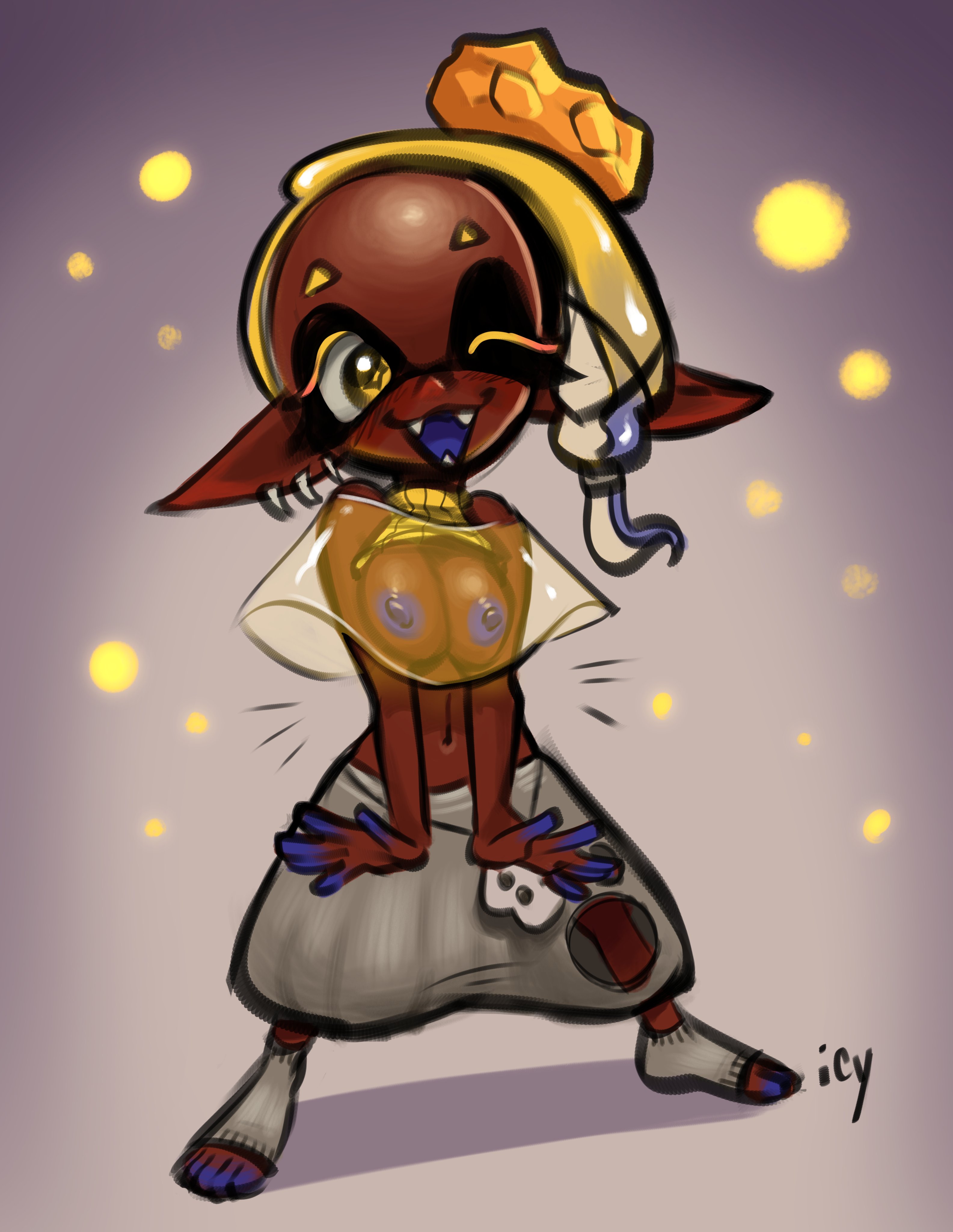 breasts, dark skin, dark-skinned female, deep cut (splatoon), female, frye (splatoon), iseenudepeople, nintendo, pointy ears, see-through, see-through clothing, smile, splatoon, splatoon (series), splatoon 3, tentacle hair, wink, yellow eyes, yellow hair
