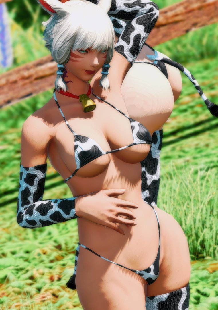 2girls, big breasts, blue eyes, breasts, cow girl, cow print, cow print bikini, female, final fantasy, final fantasy xiv, gpose (ffxiv), hjmlood, miqo'te, multiple females, multiple girls, square enix, tagme, white hair, y'shtola