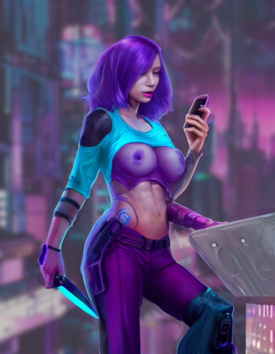 1girls abs ai_assisted ai_generated breasts character_request copyright_request cyan_shirt cyberpunk dagger dekkernsfw implants lifted_shirt lipstick phone prosthetic_leg purple_bra purple_hair purple_pants robot_arm robot_leg sheer_bra stable_diffusion